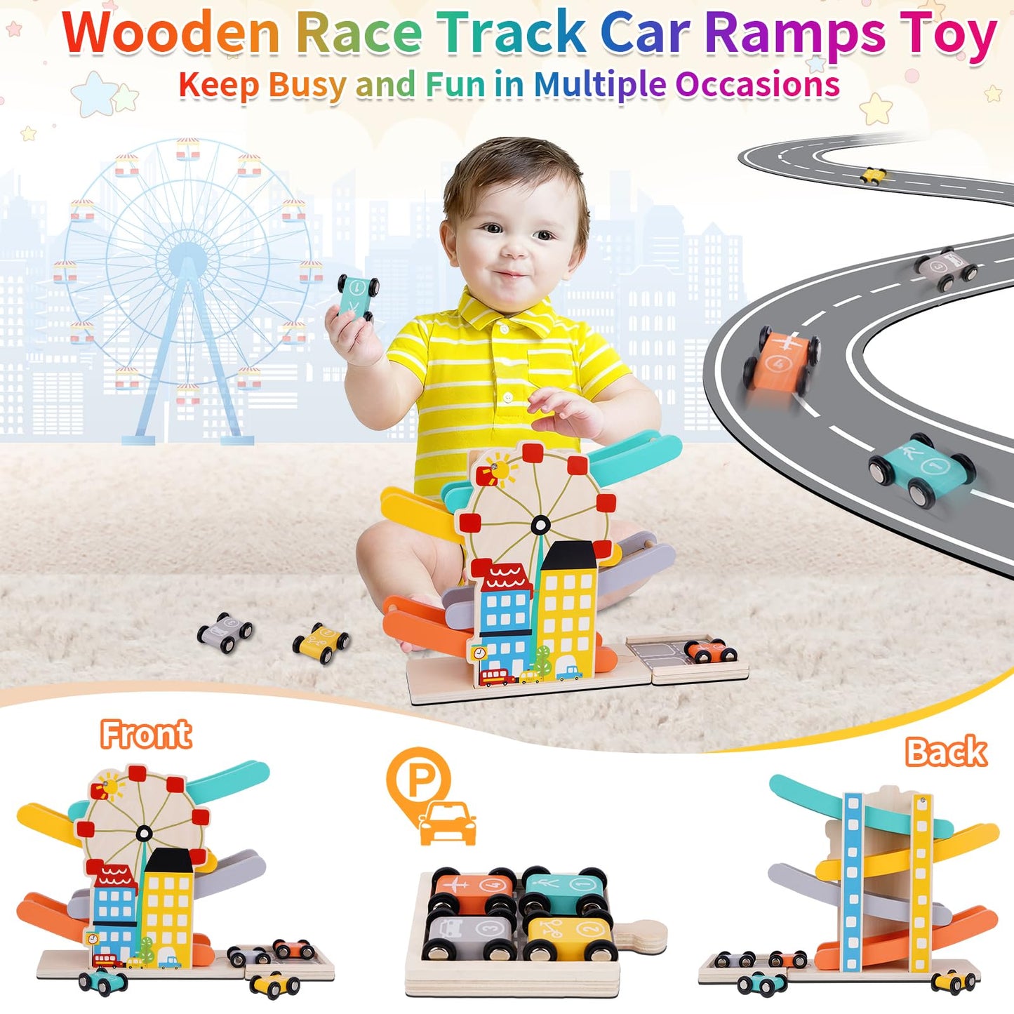 FCSONU Toddlers Montessori Toys for 1 2 Year Old Boys Girls, Wooden Car Ramps Race Track Set with 4 Mini Cars & 4 Car Tracks & Garage, Christmas & 1st Birthday Gifts for Boys Girls Baby Kids 1-3-2-4