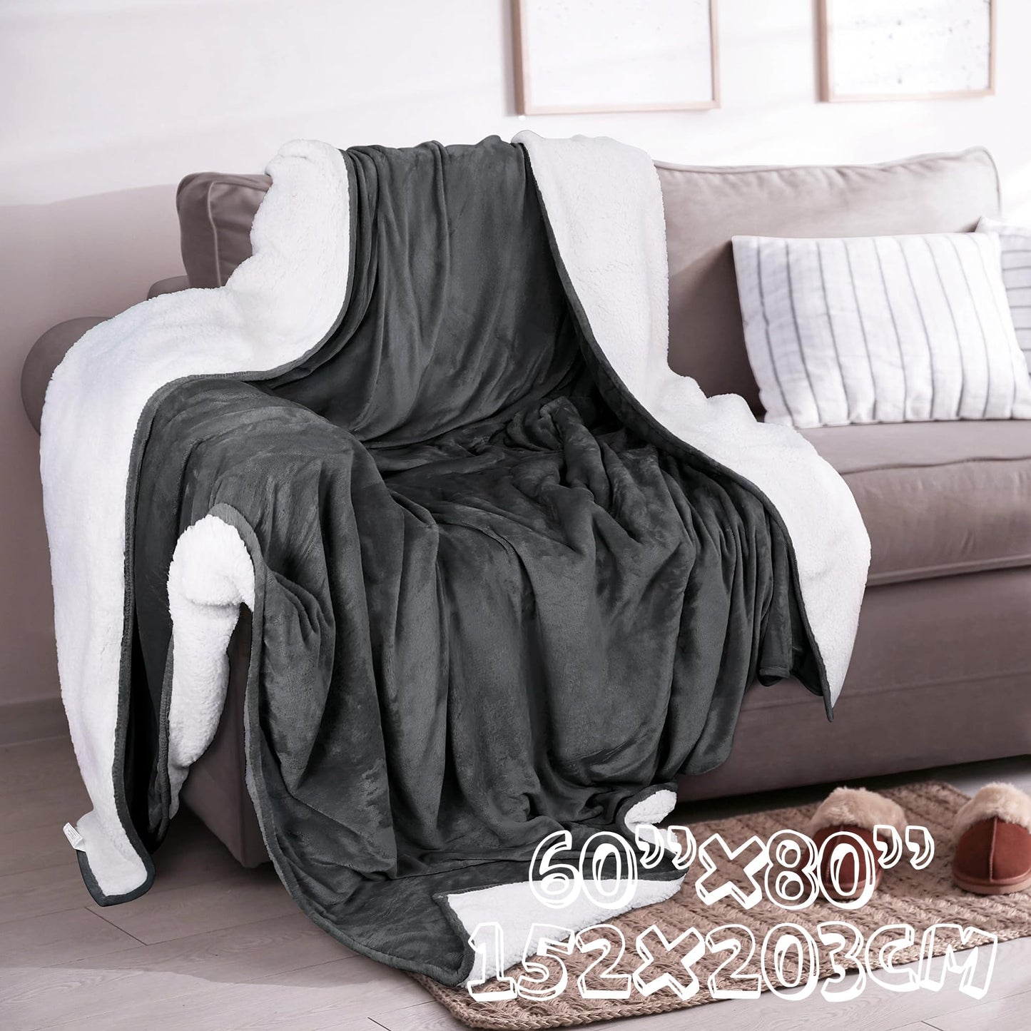 Pfimigh Waterproof Dog Blanket, 3-Layer Flannel and Sherpa Pet Throw, Reversible Protector Cover for Bed Couch Sofa, Grey, 60"x80"