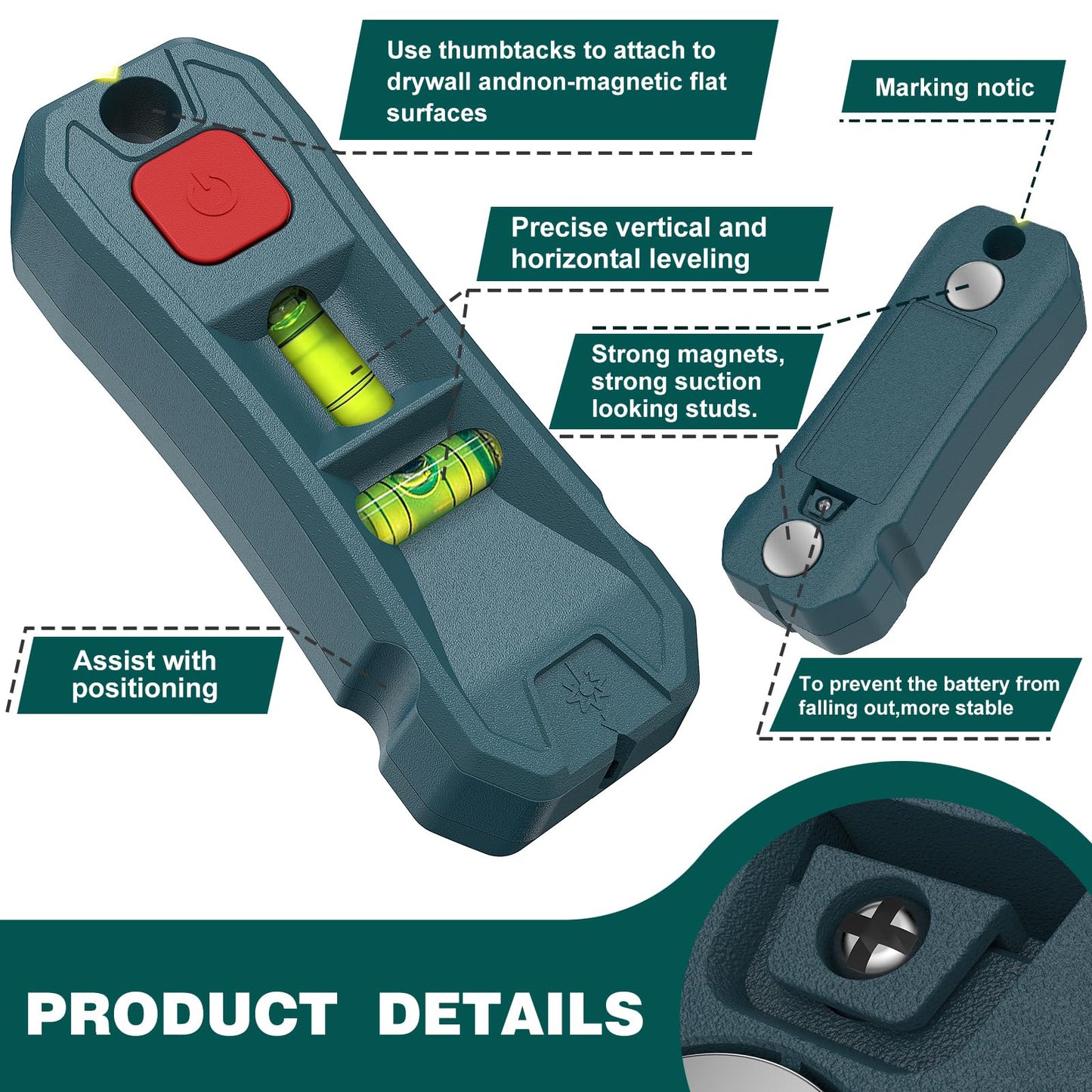 Magnetic Stud Finder with Laser Level,Hands-Free Marking Stud Finder Wall Scanner Using for Hanging Pictures & Home Renovations,Horizontal & Vertical Bubble Stud Finder Tool for Drywall Wooden Wall