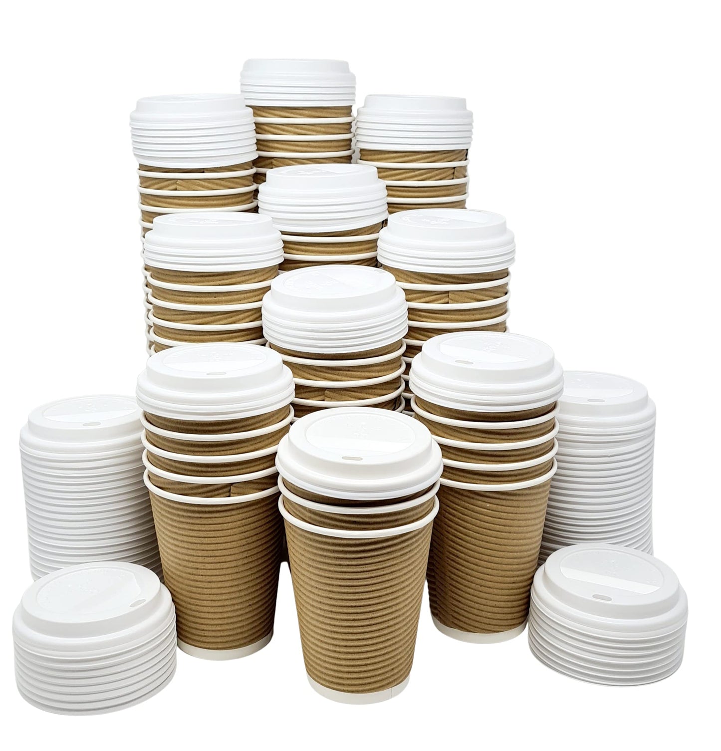 Pacpod Pack of 100 Insulated Rippled Hot Cups with Dom Sip Lid Coffee Cup Tea Chocolate Drinks Paper Disposable Cups and lid Color Brown Size 12 Oz & 16 Oz (12 oz)
