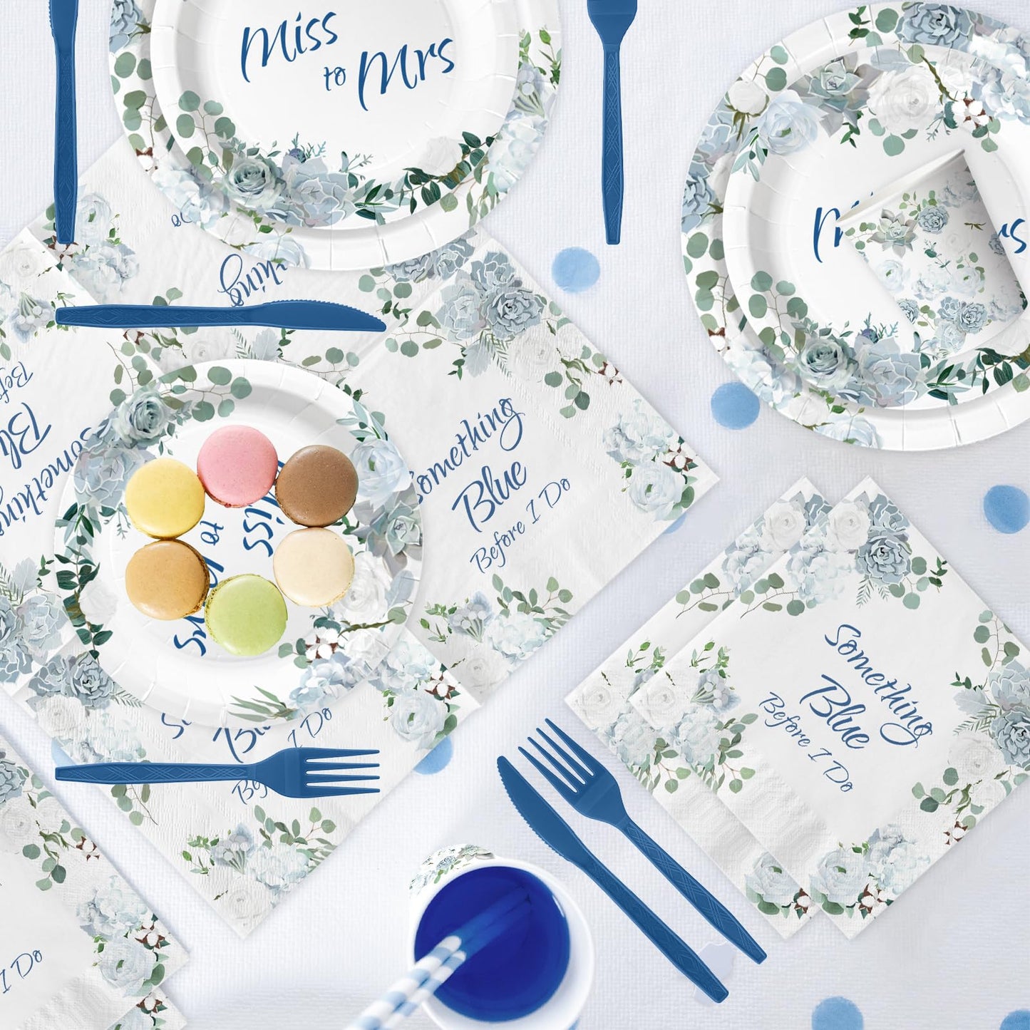145 Pcs Something Blue Before I Do Bridal Shower Decorations Dusty Blue Floral Disposable Paper Plates and Napkins Tableware Set for 24 Guests, Miss to Mrs Decorations for Wedding Engagement Party