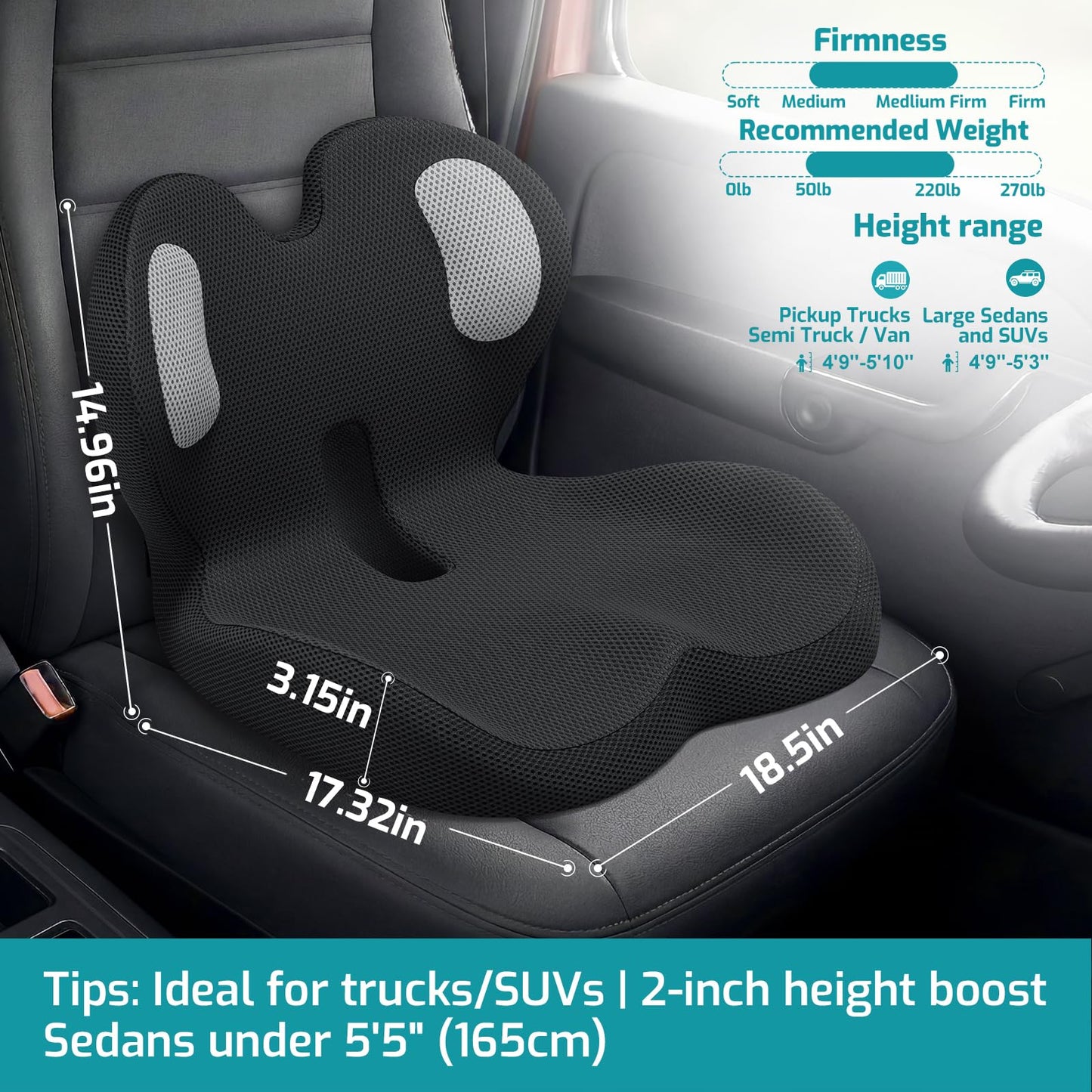 Car Seat Cushion with Lumbar Support, Memory Foam, Coccyx Cutout, Ergonomic Design for Long Drives (Mesh C)