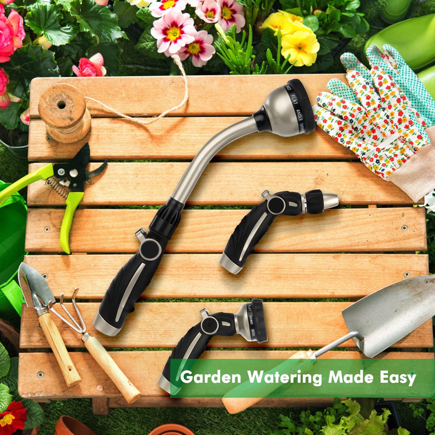 RESTMO Metal Garden Hose Wand with Thumb Flow Control, Watering Wand Heavy Duty, 15-Inch Long Hose Nozzle Sprayer with 10 Spray Patterns, Ideal to Water Hanging Baskets and Shrubs, Black