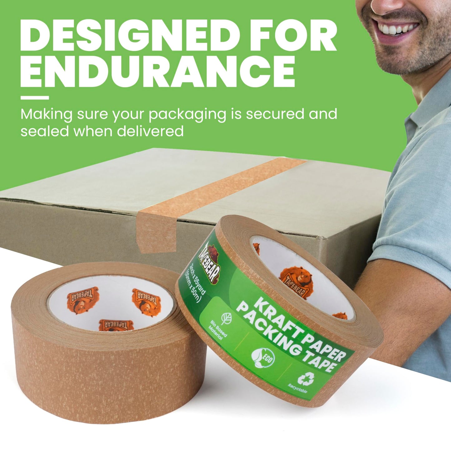 TAPEBEAR Eco-Friendly Kraft Paper Tape, Biodegradable Heavy Duty Packing Tape 50mm x 50m, Recyclable Packaging Tape Self Adhesive Box Tape for Shipping, Sealing, Moving & Masking, 12Rolls