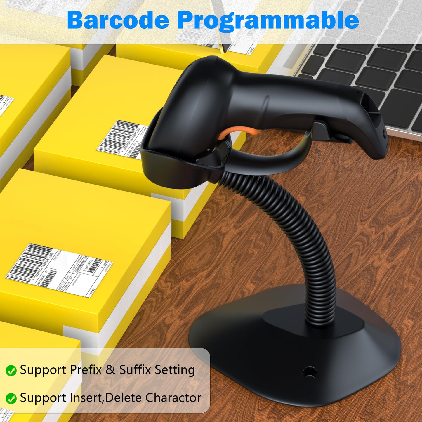 Symcode Barcode Scanner Wireless with Auto-Sensing Stand,Handheld 1D Laser Cordless Bar Code Scanner with Battery Level Indicator and Multiple Scanner to One Receiver