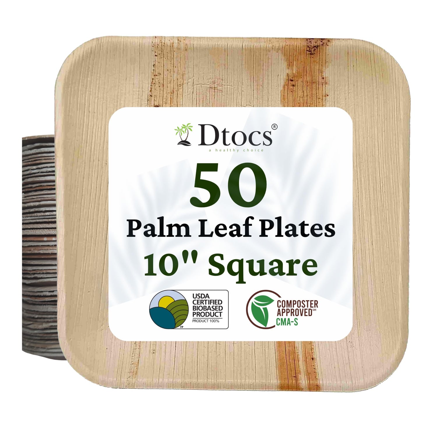 Dtocs Palm Leaf Plates 10 Inch Square 50 Dinner Plates Set | Bamboo Plates Disposable Like Compostable Plates, Disposable Charcuterie Boards, Platters | Disposable Plates Sturdy Than 10" Paper Plates