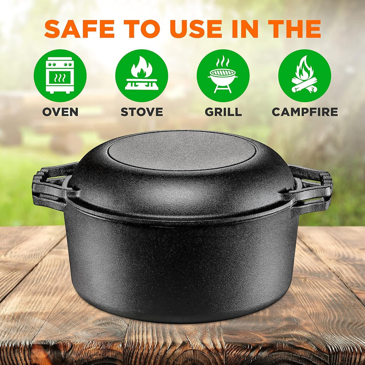 NutriChef Cast Iron Double Dutch Oven Multi Cooker, Pre-Seasoned 3.5 Qt Dutch Oven Pot with Lid Skillet, Heavy-Duty Nonstick Cookware for Baking, Roasting & Braising, Black