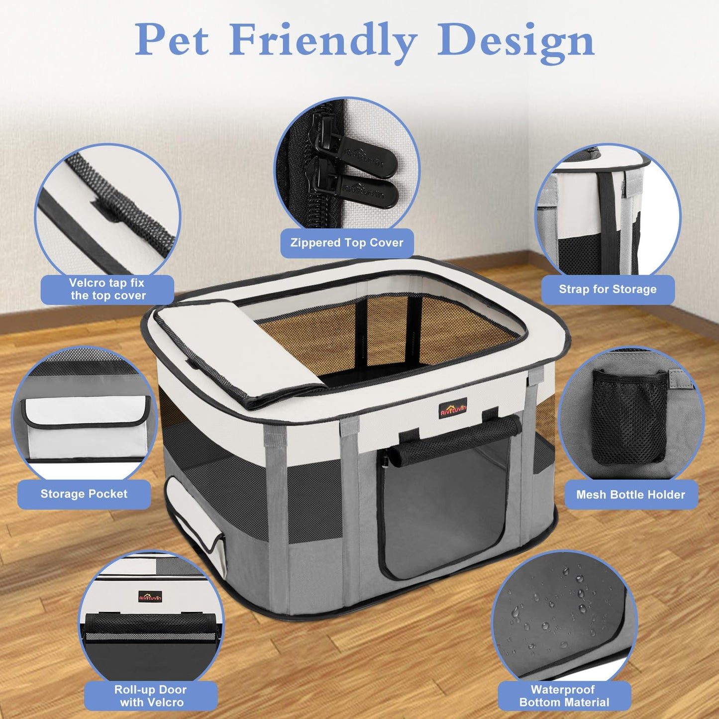 Dog Playpen, Pet Playpen, Foldable Kitten cage Puppy Play Pen, Portable Dog Kennel Tent Crate, Indoor Outdoor Travel Camping Use for Small Animals with Carrying Case (Grey M)