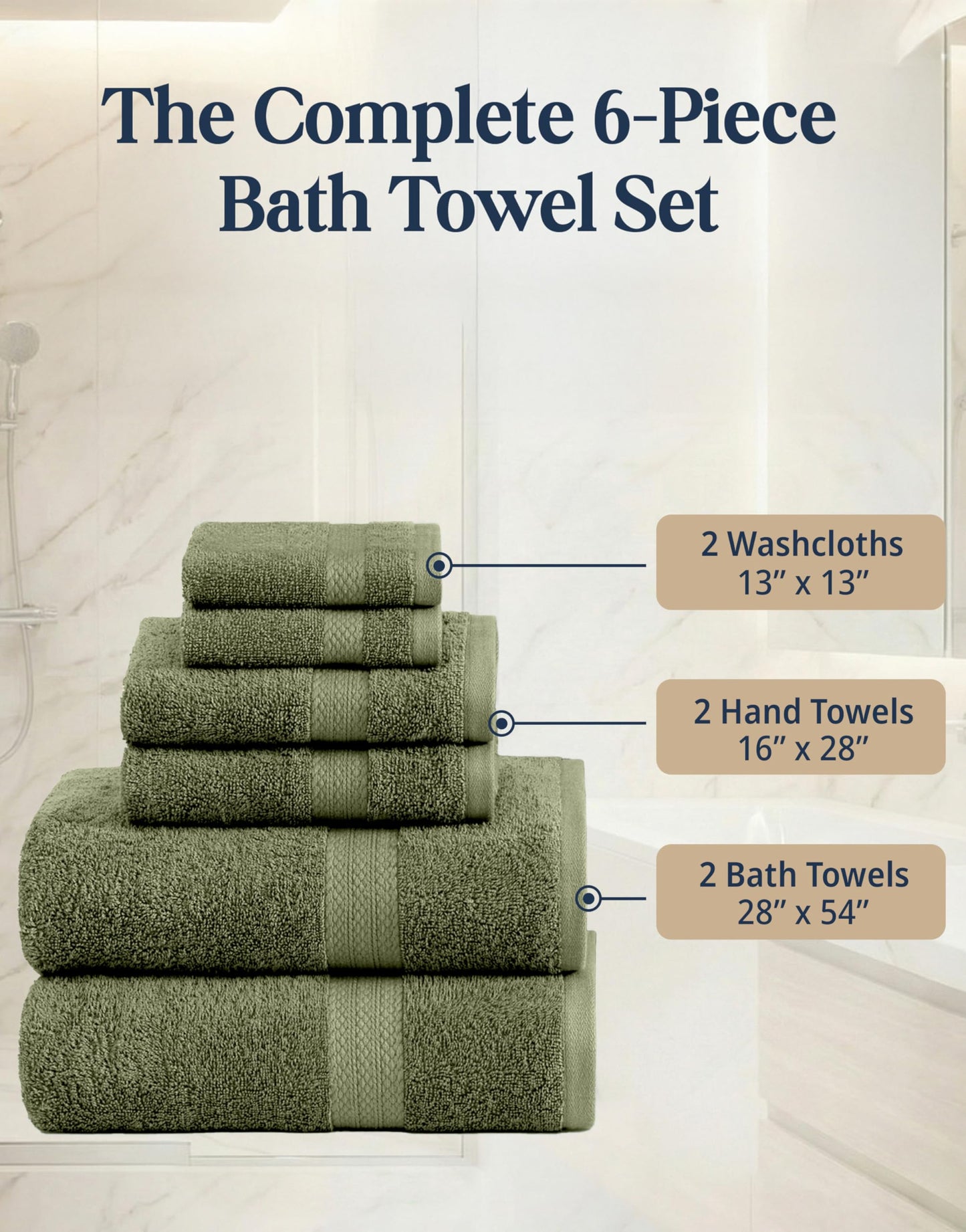 6 Piece Bath Towel Set - 100% Cotton Bathroom Towels, Extra Large Bath Towels, Hotel Towels, 2 Bath Towels, 2 Hand Towel for Bathroom, 2 Wash Cloths for Your Body and face - Oil Green
