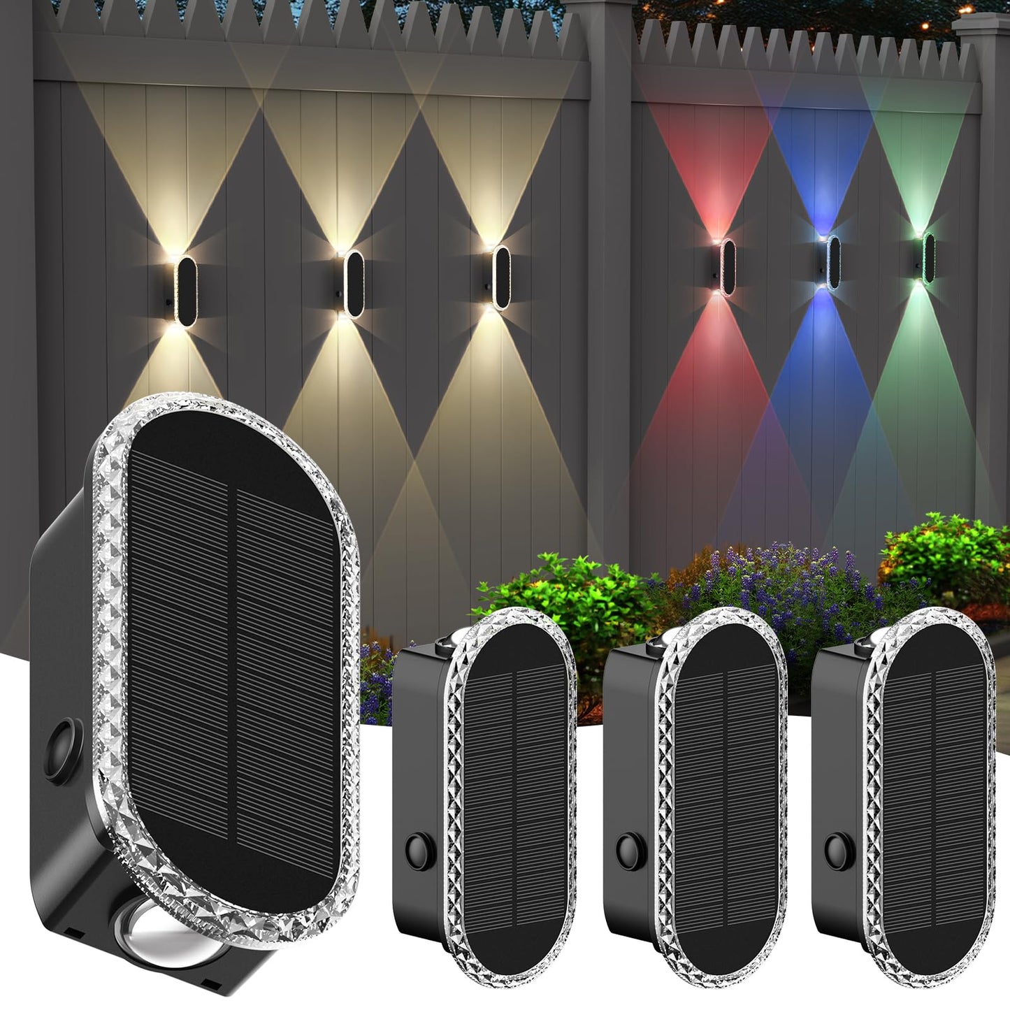 4 Pack Solar Fence Lights, RGBW 8-Color Changing Waterproof Top and Bottom Lighting Wall for Landscape/Fence/Patio/Wall/Garden Christmas Solar Lights (2 Installation Modes)