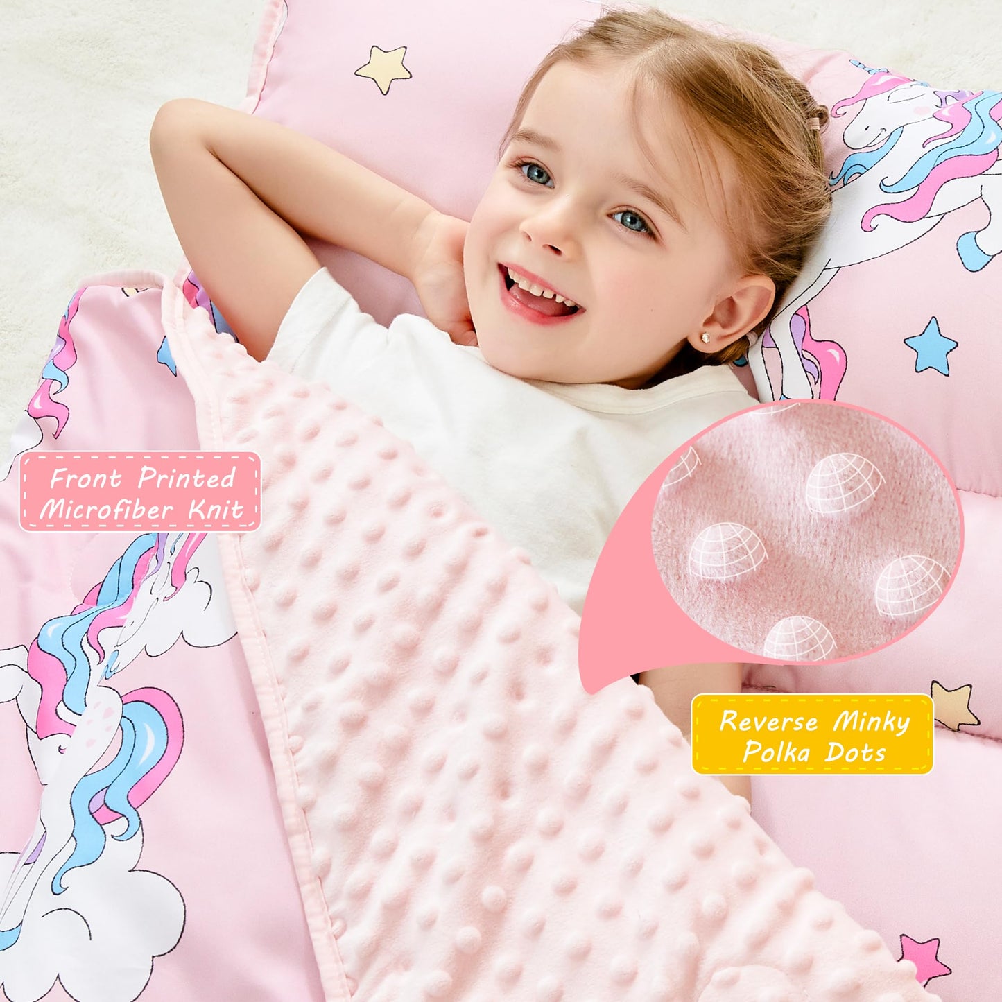 Lasoftan Toddler Nap Mat with Pillow and Blanket, Extra Large Rolled Napping Mats,Slumber Bags for Boys Girls,Kids Sleeping Bag for Daycare, Preschool Travel Camping, Unicorn
