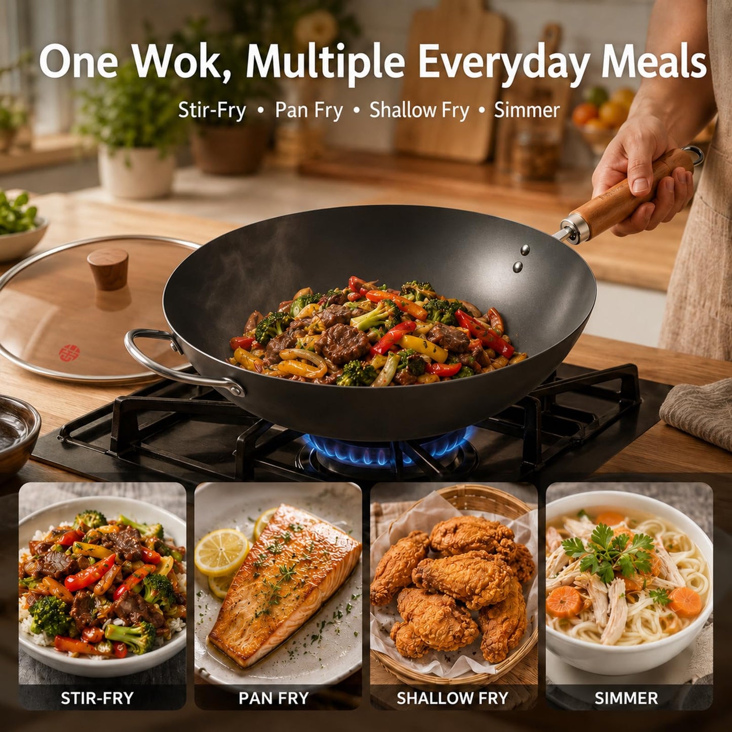WANGYUANJI Carbon Steel Wok Pan, 12.6" Woks & Stir-Fry Pans with Glass Lid No Chemical Coated Flat Bottom Iron Wok for Induction, Electric, Gas, Halogen All Stoves