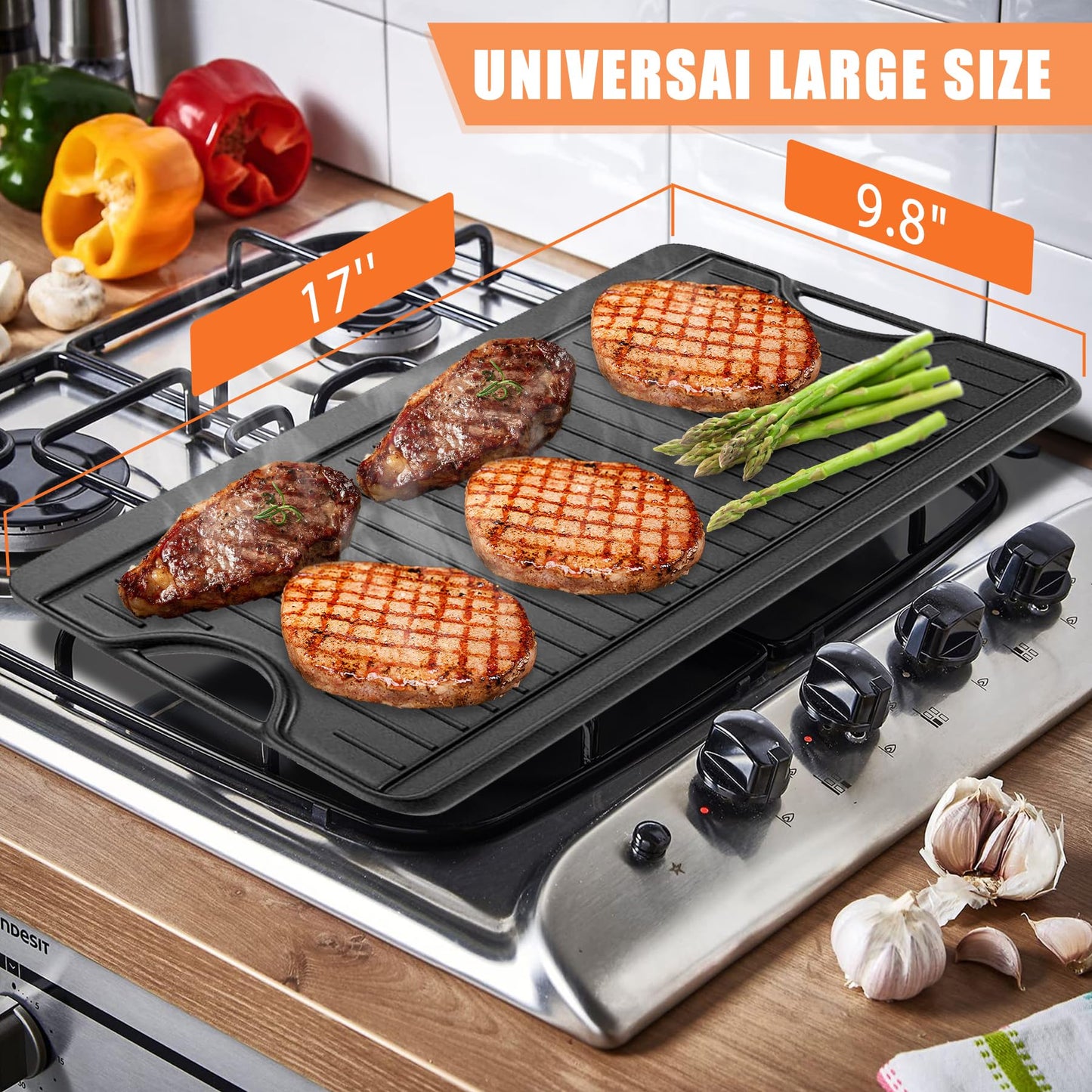 KEESHA Universal Reversible Griddle 17" x 10" Heavy Duty Cast Iron Double Burner Cooking Griddle Pan with Carrying Handles on Both Sides for Gas Stoves and Grills