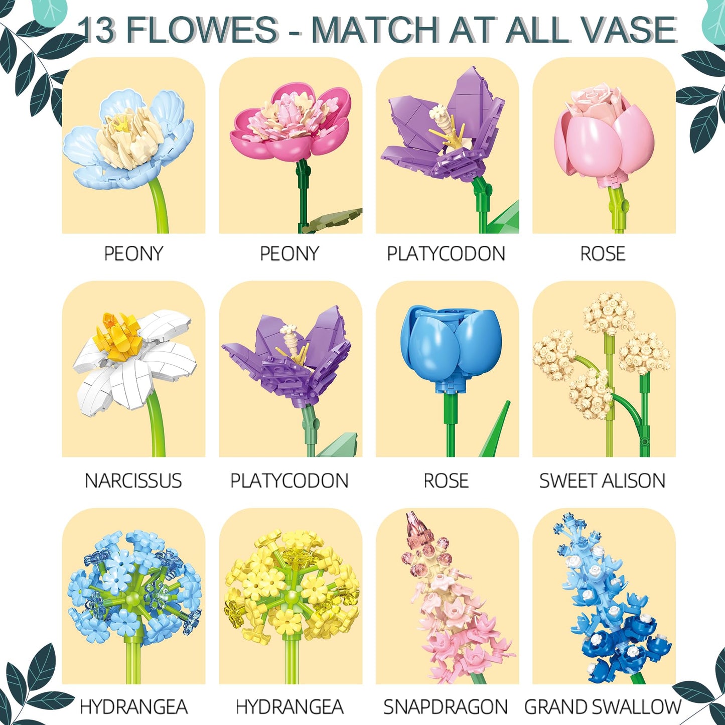 Loyratche Flowers Bouquet Building Set, Botanical Collection Blocks Kit Compatible with Lego Flowers, 880 PCS Artificial Flower Toys Home Office Decor