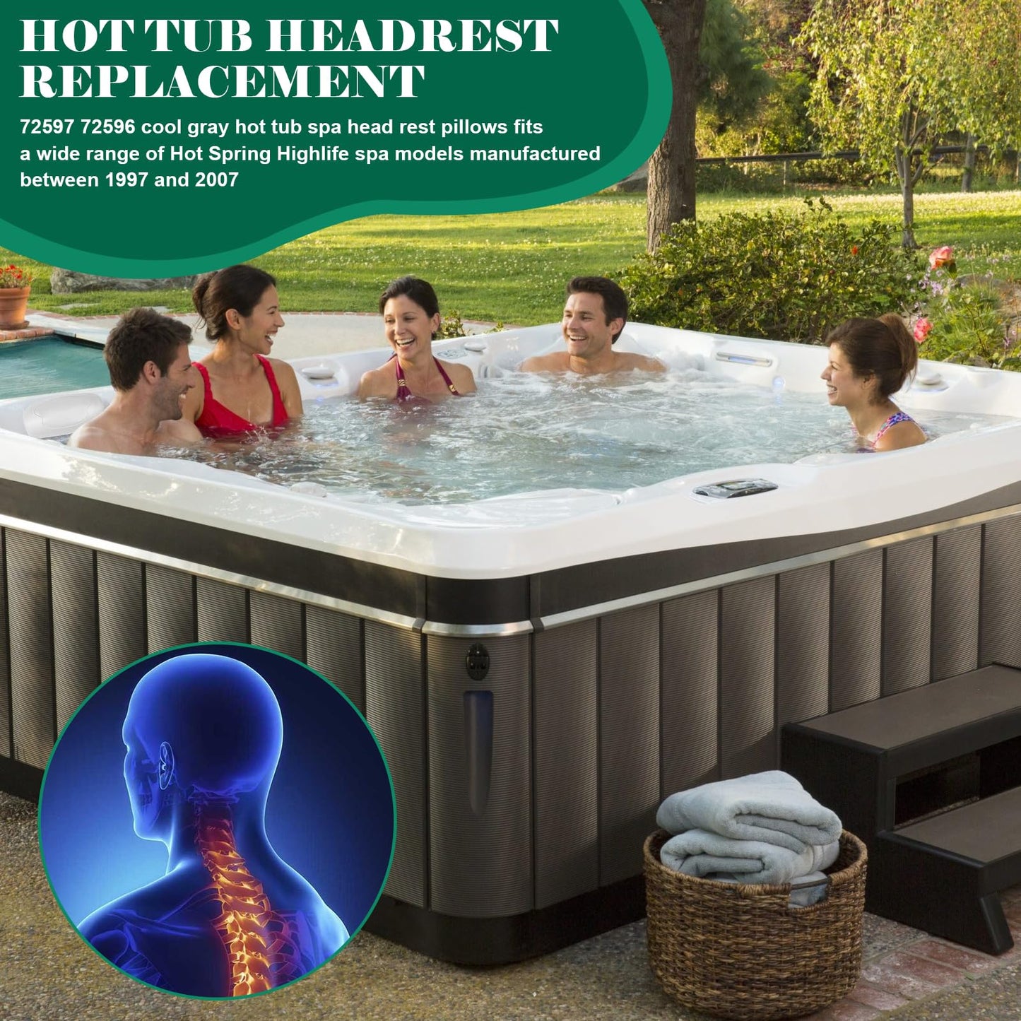 72597 Hot Tub Head Rest Pillows, Cool Grey Hot Tub Pillows, Hot Spring Spas Replacement Spa Pillow 2002-2007, Hot Tub Neck Pillow Replacement for Highlife Series Spas (1997-2007) - 2 Pack