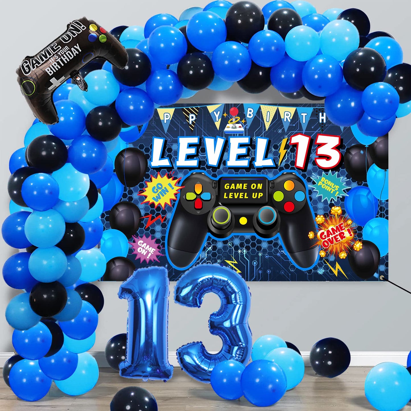Vlipoeasn 90PCS 13th Birthday Video Game Party Decorations for Boys Set Blue 13th Birthday Supplies-13th Video Game Backdrop, Balloons, Tablecloth, Gamer and 13 Foil Balloons for 13 Years Old