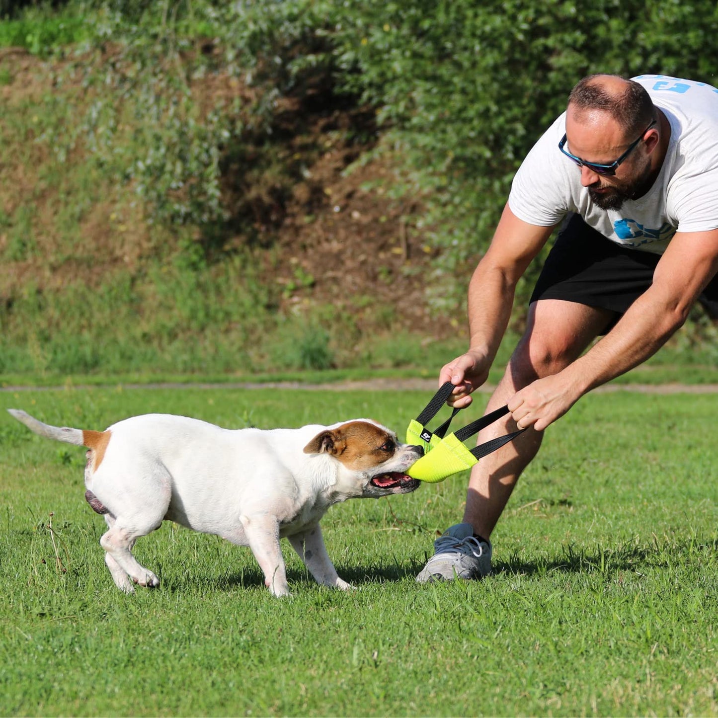 Bungee Dog Bite Tug Toy with 2 Strong Handles - Made of Durable & Tear-Resistant Fire Hose - Perfect for Tug of War, Fetch & Puppy K9 Training - Ideal Pull Toy for Medium to Large Dogs, Yellow