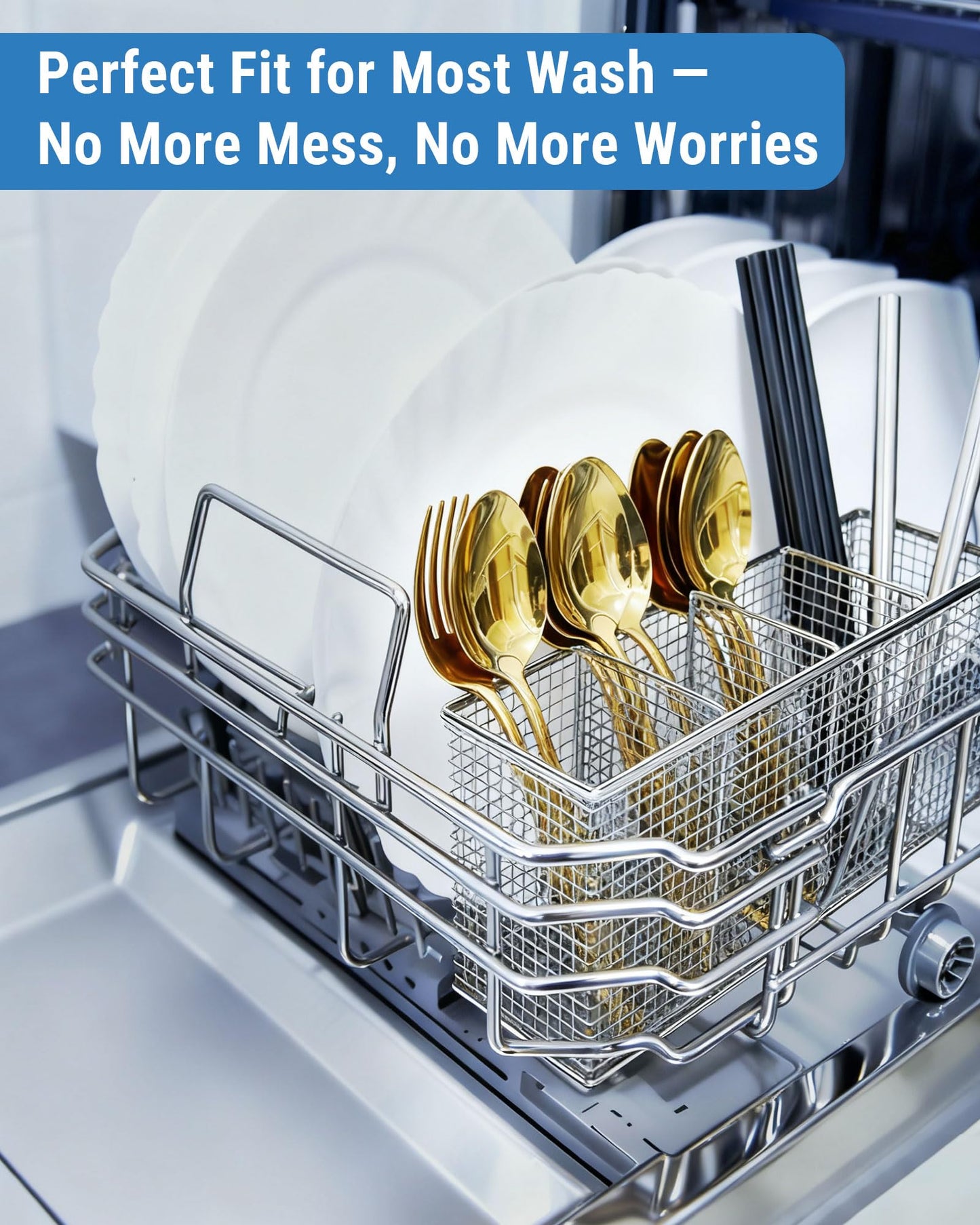 Viscogrip Universal Dishwasher Silverware Basket, 304 Stainless Steel 4-Compartment Dishwasher Utensil Basket, Spoons, Forks, Chopsticks, Straws Cleaning (Silver)