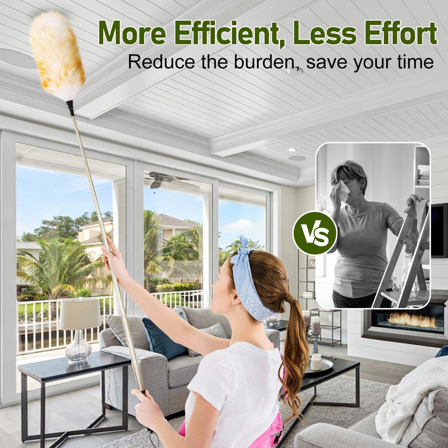 Mehellofeather Retractable Lambswool Duster 25-64 Inch Removable Telescopic Handle Wool Duster for Cleaning Ceiling Fans Window High Places (2PCS)