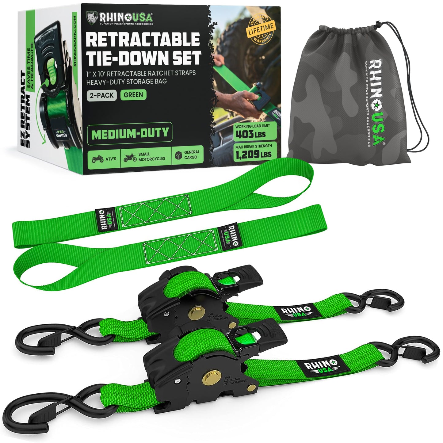 Rhino USA Retractable Ratchet Straps (2-Pack) - 1 Inch x 10 Feet (1,209lb Break Strength) - Auto Self Retracting Tie Down Straps for Truck, Cargo Trailer, Motorcycle, Rad & More - Green