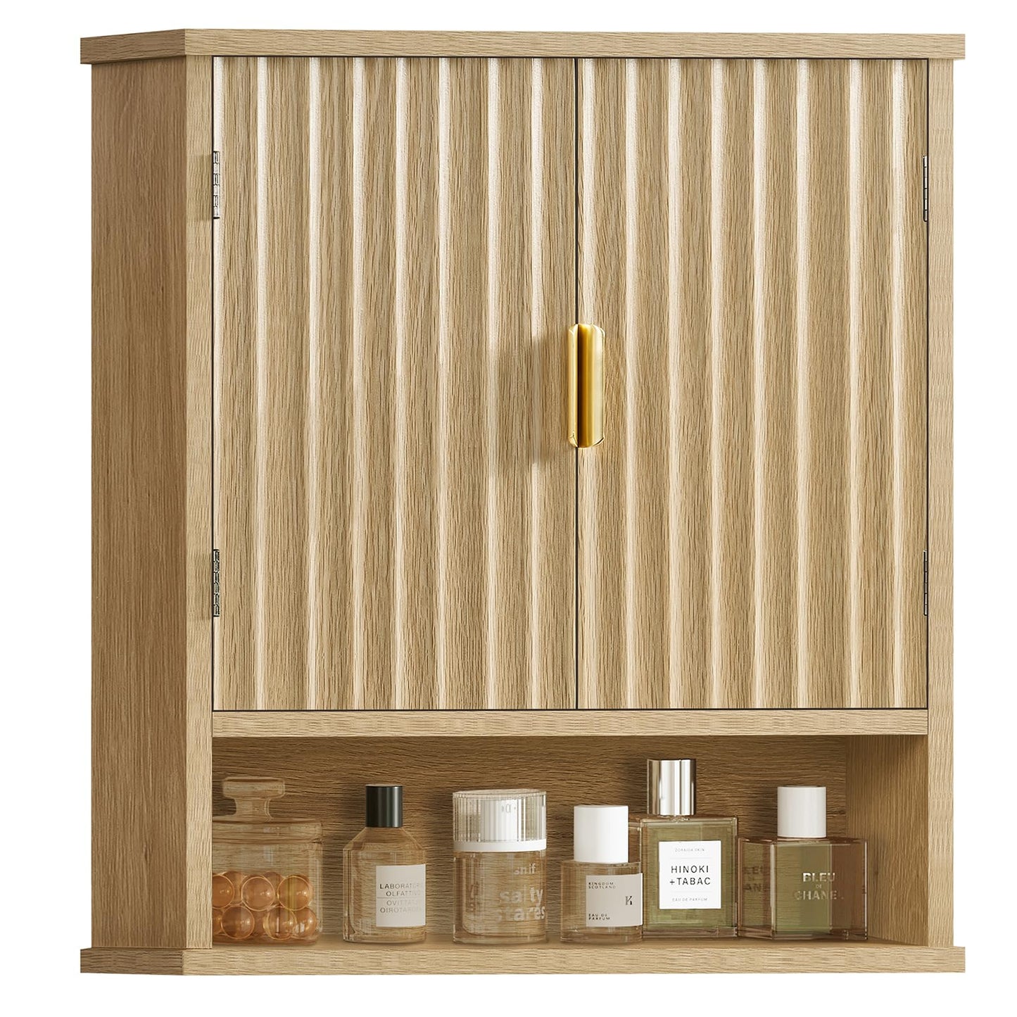 FIONESO Bathroom Wall Cabinet, Bathroom Storage Cabinet with 2 Barn Doors & Adjustable Shelf, Over The Toilet Wall Storage Cabinet, Medicine Cabinet, Laundry Cabinet, 13D x 55W x 60H cm, Natural
