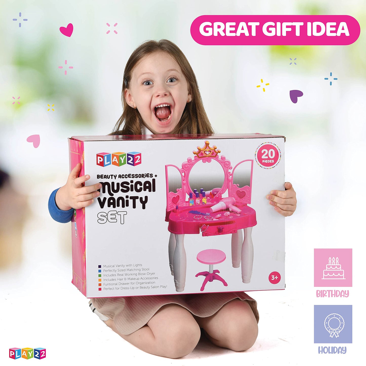 Play22 Pretend Play Girls Vanity Set with Mirror and Stool 20 PCS - Kids Makeup Vanity Table Set with Lights and Sounds - Kids Beauty Salon Set Includes Fashion Hair & Makeup Accessories & Blowdryer