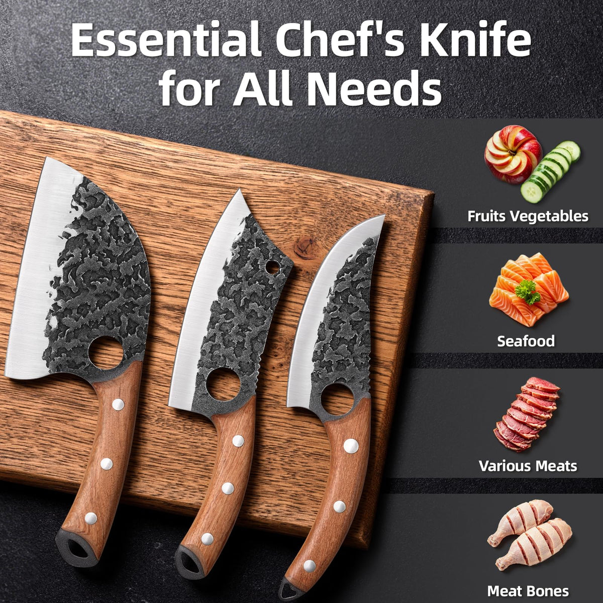3-Piece Kitchen Knife Set – Serbian Chef's Knife,Cleaver Knife, Boning Knife, 3Pcs High Carbon Steel Hand Forged Knife Set with Ergonomic Handles for Kitchen Outdoor Cooking, Birthday Gifts for Men