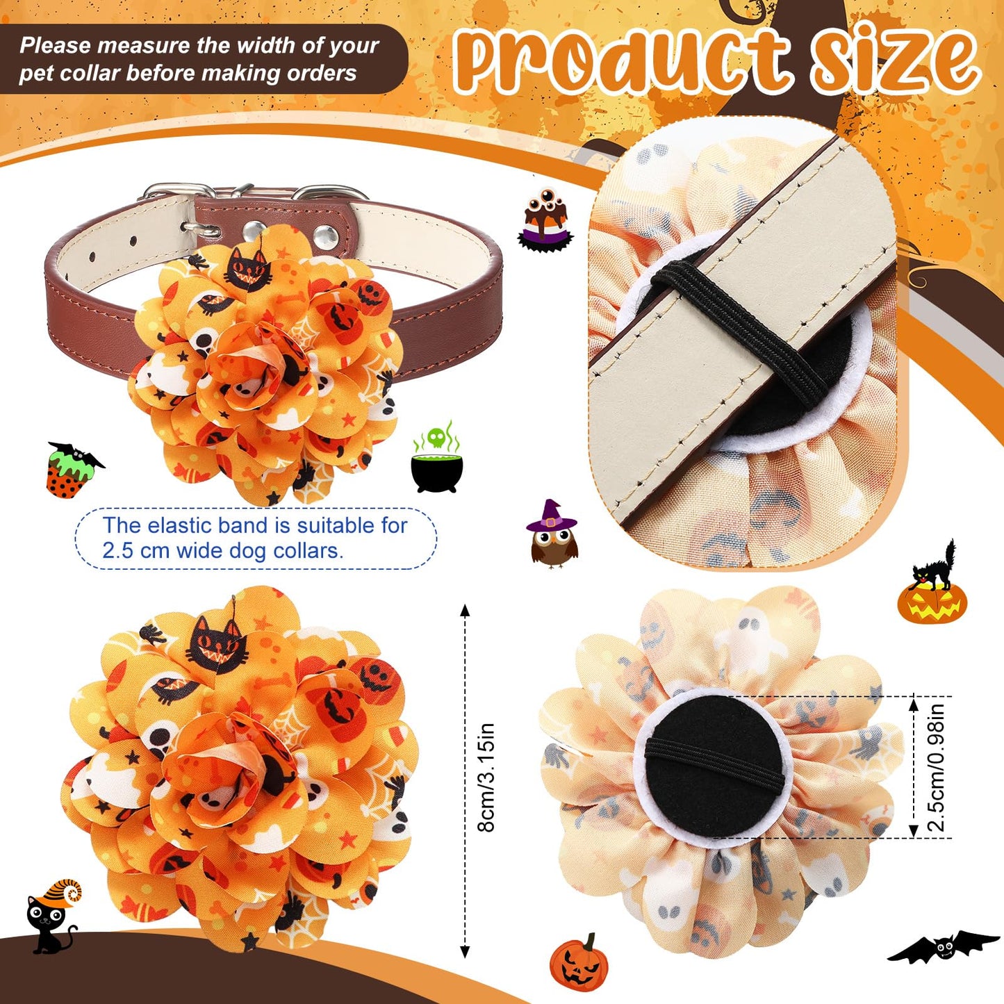 Silkfly 80 Pcs Halloween Dog Collar Flowers Bulk Holiday Pet Collar Bows Grooming Accessories for Small Medium Large Cat Puppy Dog(Pumpkin Style)