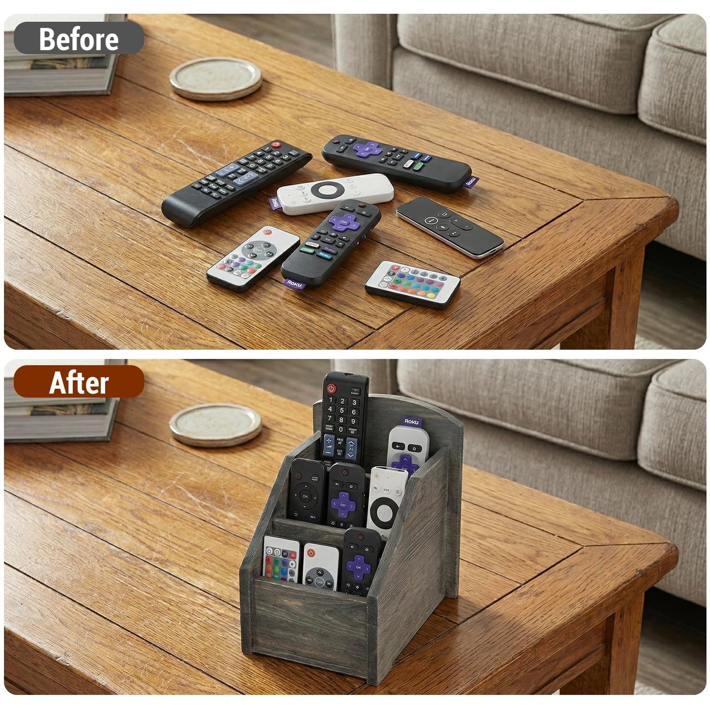 MyGift Rustic Dark Gray Wood 3-Slot Remote Control Holder Organizer Caddy, TV Remote Media Remote Storage Box for Living Room