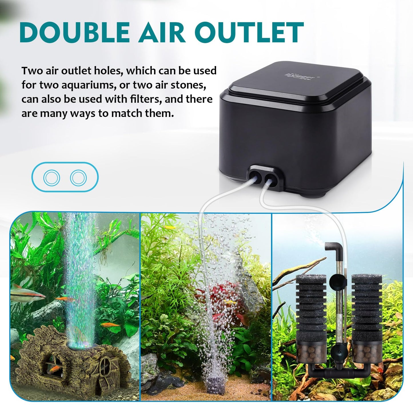 hygger Quietest Aquarium Air Pump, Adjustable Oxygen Pump 2 Air Outlets Ultra Silent Powerful Aerator Pump (3.5W,Up to 120Gallon)