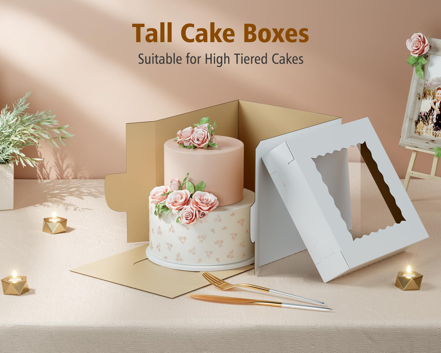 10Pcs Corrugated Cake Boxes in 2 Sizes - 12x12x12 & 10x10x10 Inch Tall Cake Box with Window, Thick Bakery Dessert Boxes, Disposable Cardboard Cake Carrier for Layer Cakes, Birthday, Wedding, Party