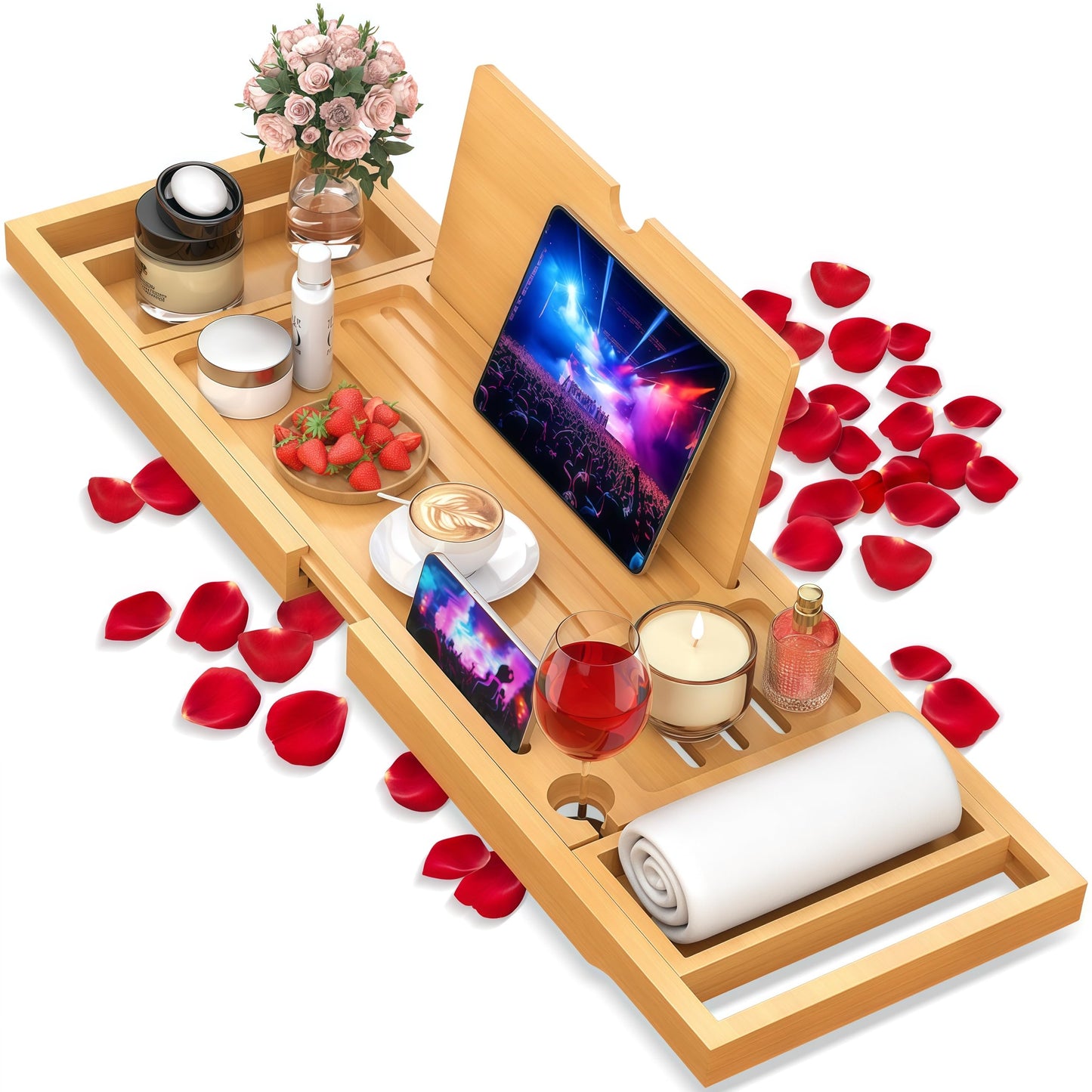 Premium Bamboo Bathtub Caddy Tray with Extending Sides, Adjustable Wood Bath Tray for Luxury Bath, Fits Most Tubs, Accessories Gift Idea Beige