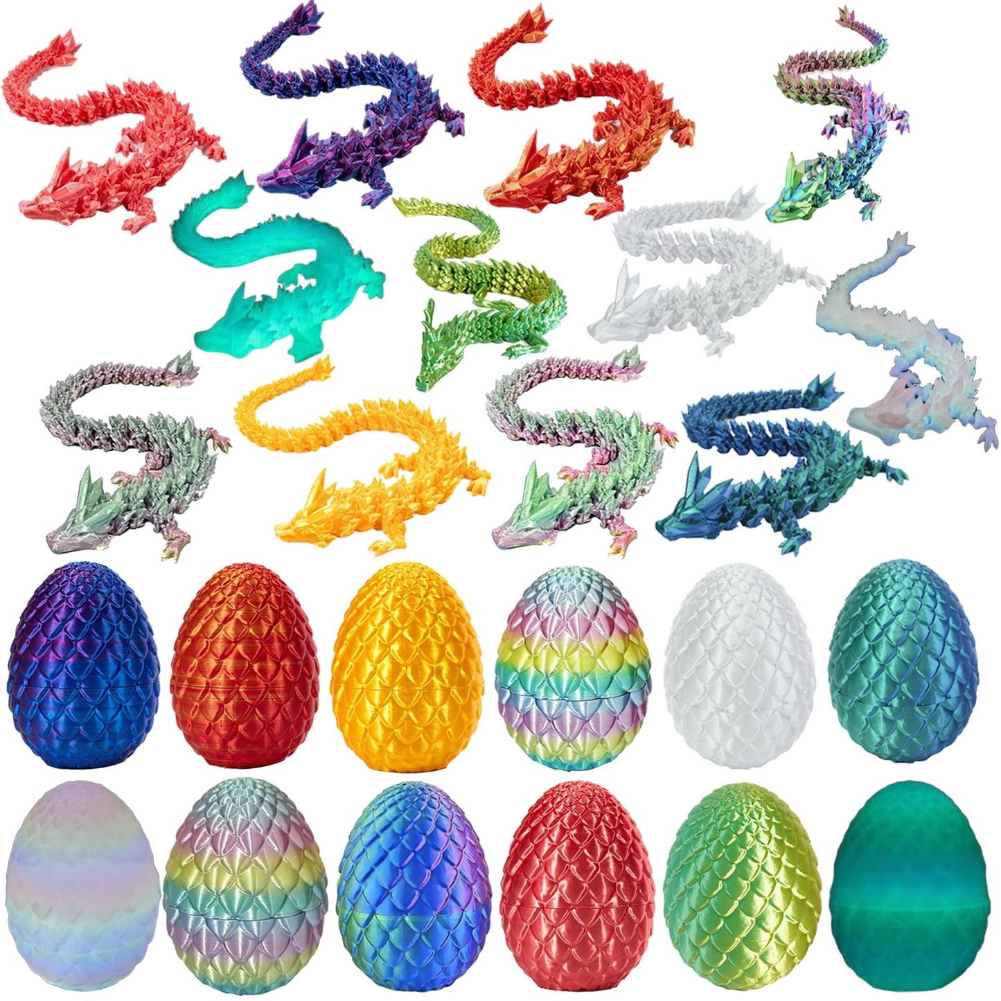 3D Printed Dragon Egg Toy, Full Dragon 3D Crystal Easter Egg with Detachable Eggshell Fidget Toys for Kids, Fidget Gift for Adults Stress Relief Autism ADHD, Easter Basket Stuffers (12PCS)