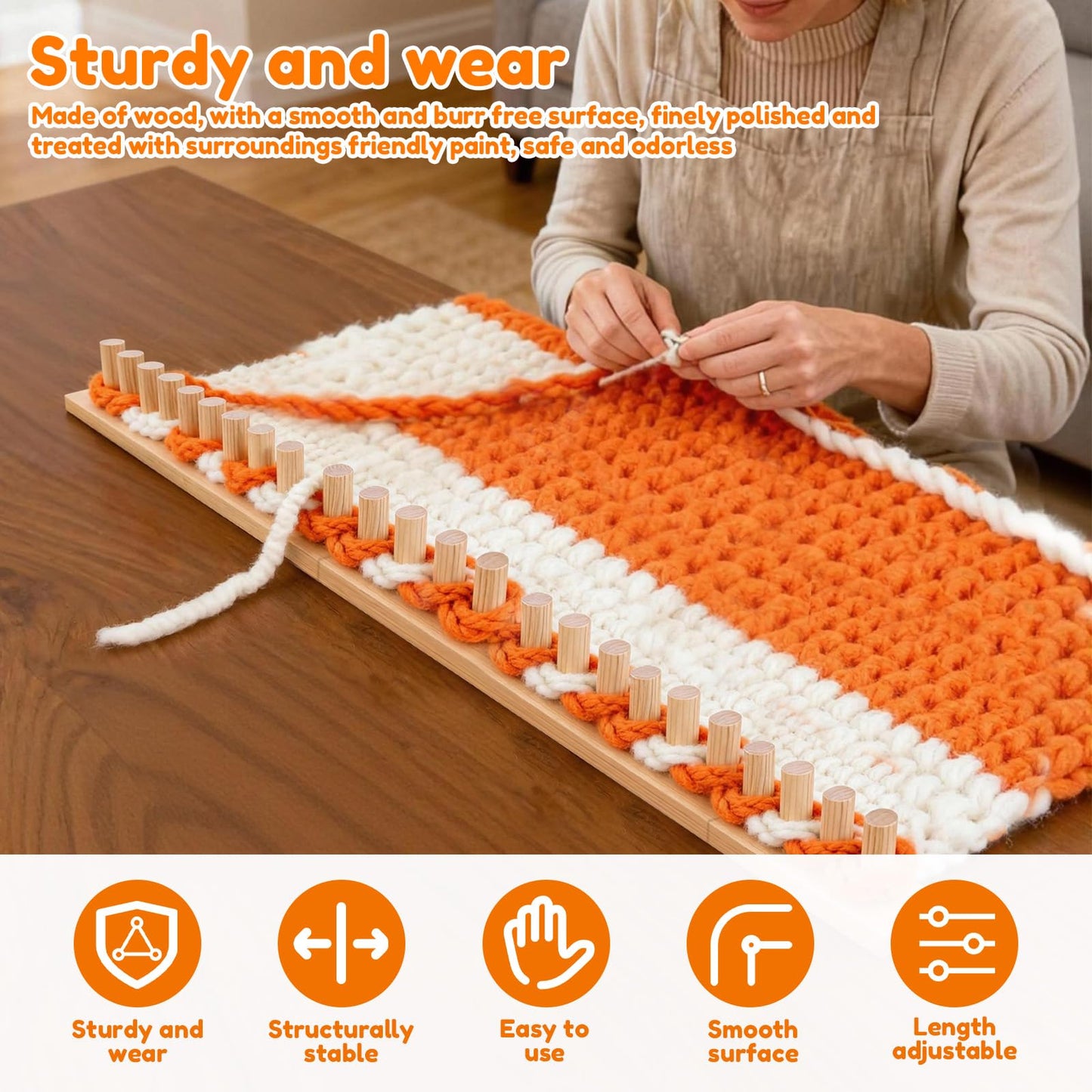 77" Chunky Knitting Blanket Loom, Adjustable Length and Portable Wooden Weaving Loom, Wooden Frame Easy to Handle for Making Large Blankets, Scarves, Thick Yarn