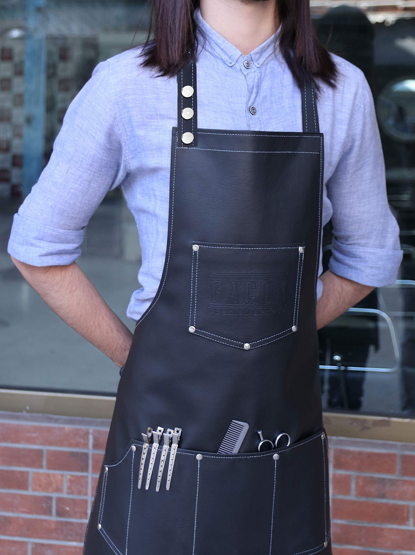 Facón Professional Leather Hair Cutting Hairdressing Barber Apron Cape for Salon Hairstylist - Multi-use Adjustable with 8 pockets - Heavy Duty Premium Quality - Limited Edition - 30" x 24" (Black)