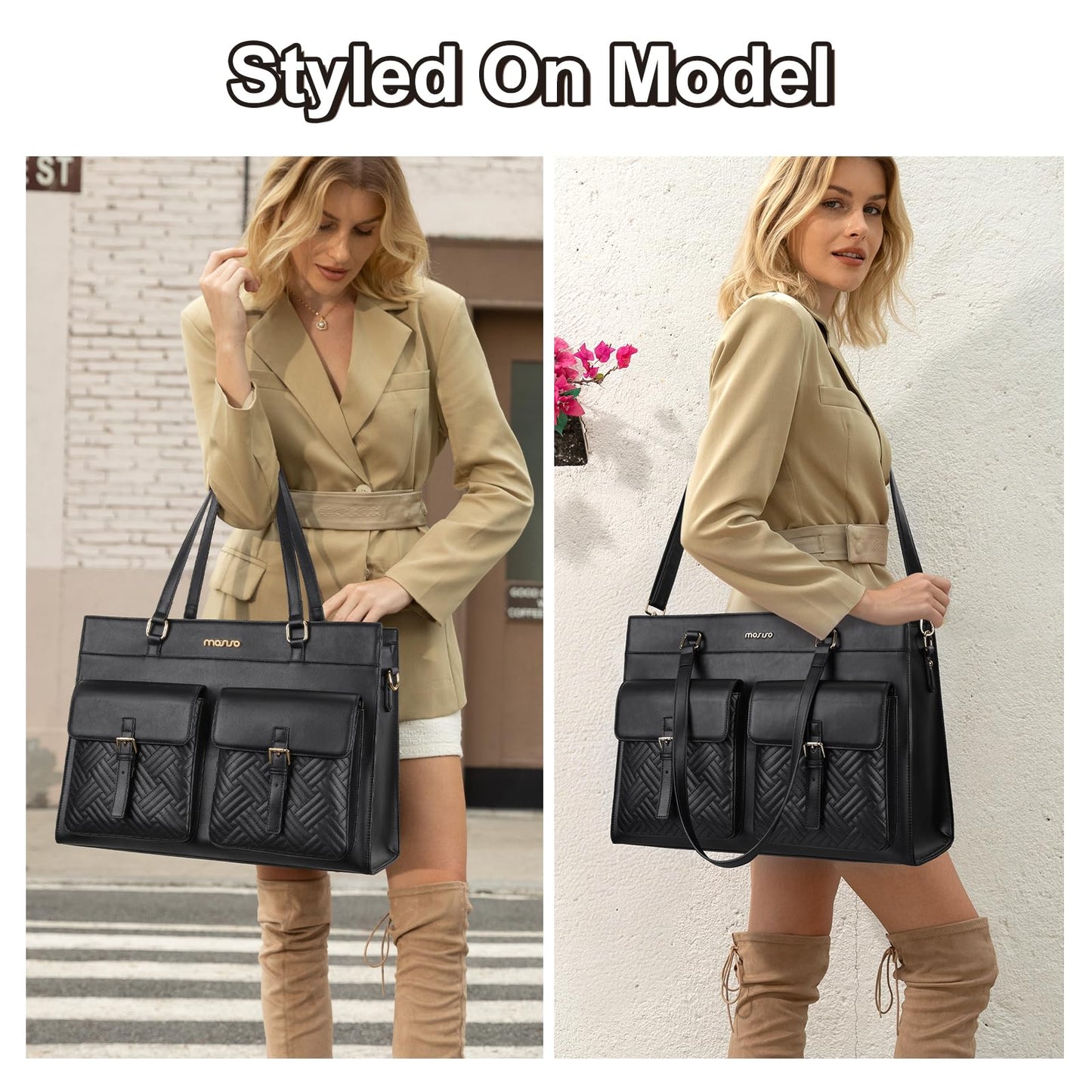 MOSISO Laptop Tote Bag for Women, 15.6 inch PU Leather Tote Crossbody Handbag with 2 Front Flapover Pockets, Large Capacity Waterproof Shoulder Computer Bags for Teacher College Work Business, Black