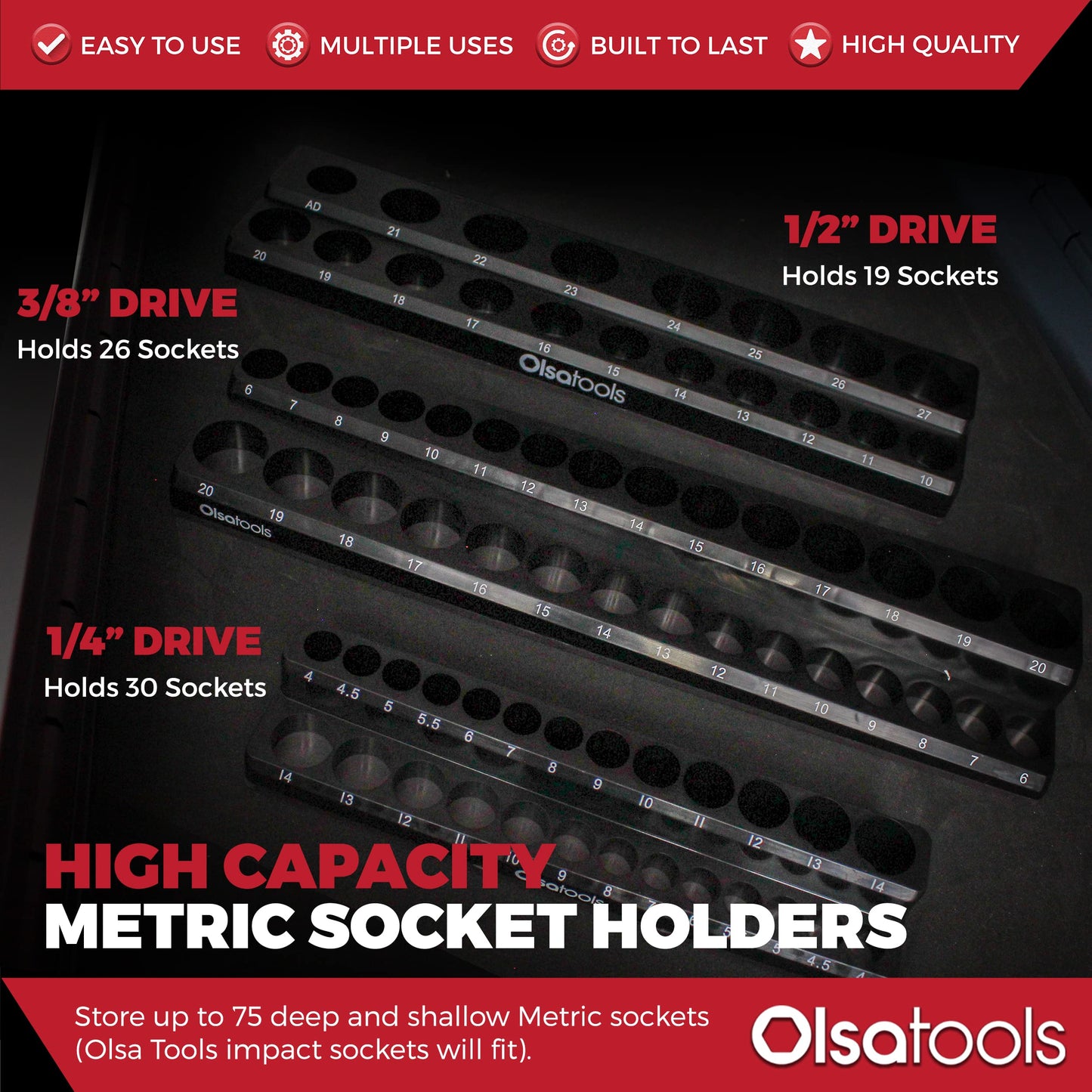 Olsa Tools Magnetic Socket Organizer - 3 Piece Socket Holder Kit - 1/2-Inch - 3/8-Inch - 1/4-Inch Drive - Metric - Black - Holds 75 Sockets - Professional-Grade - Part: 1151