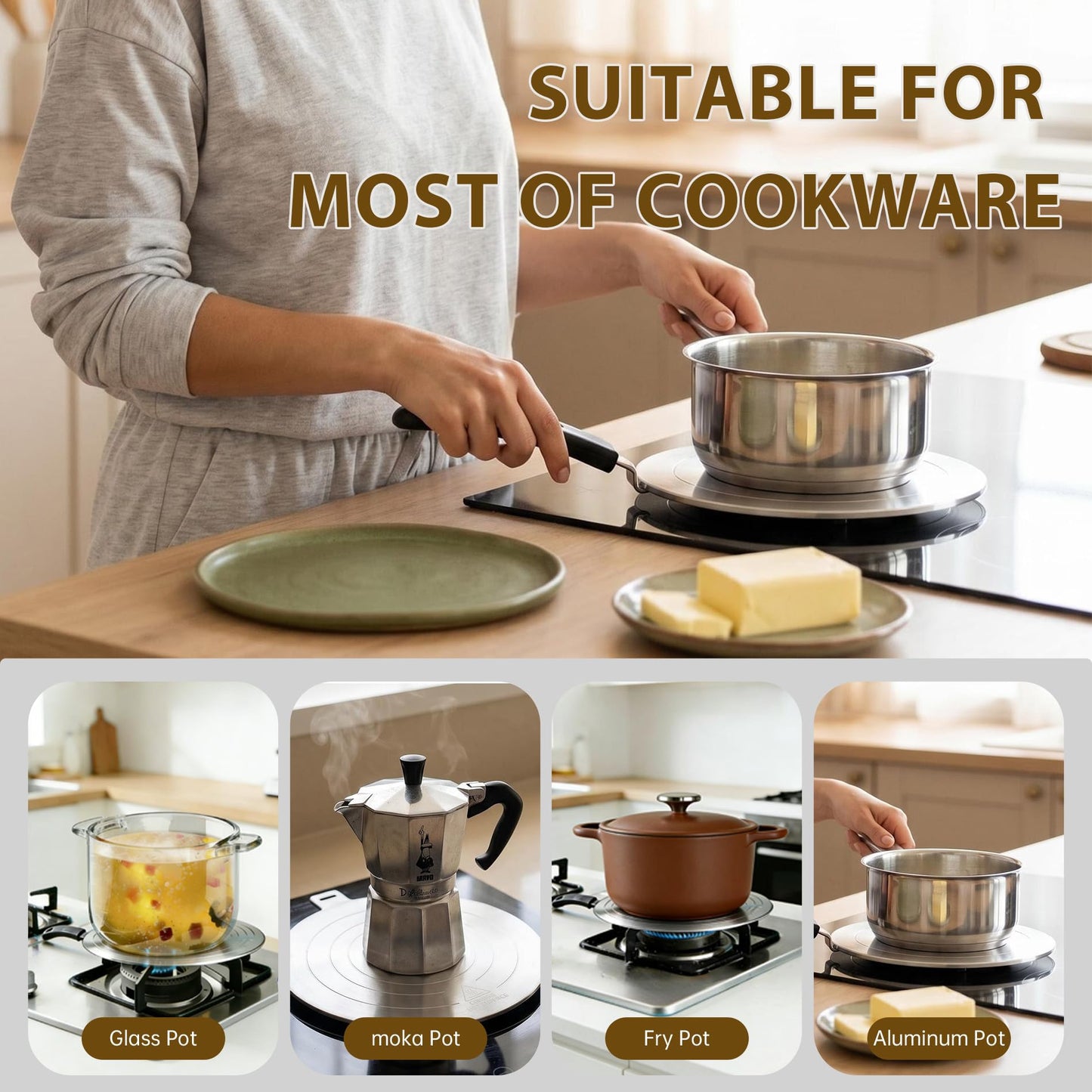 24cm Detachable Induction Plate Adapter, Stainless Steel Heat Diffuser for Electric Gas Stove Glass Induction Cooktop, Durable Converter Plate.