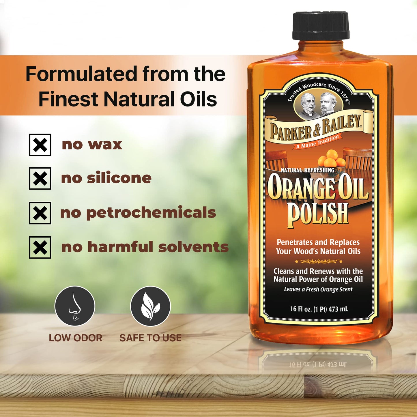 PARKER & BAILEY Orange Oil Polish - Natural Orange Scented Wood Cleaner & Furniture Polish, Cleans, Renews, Restores & Rejuvenates Wood Surfaces, Protects from Drying or Cracking, Shiny Finish, 16oz