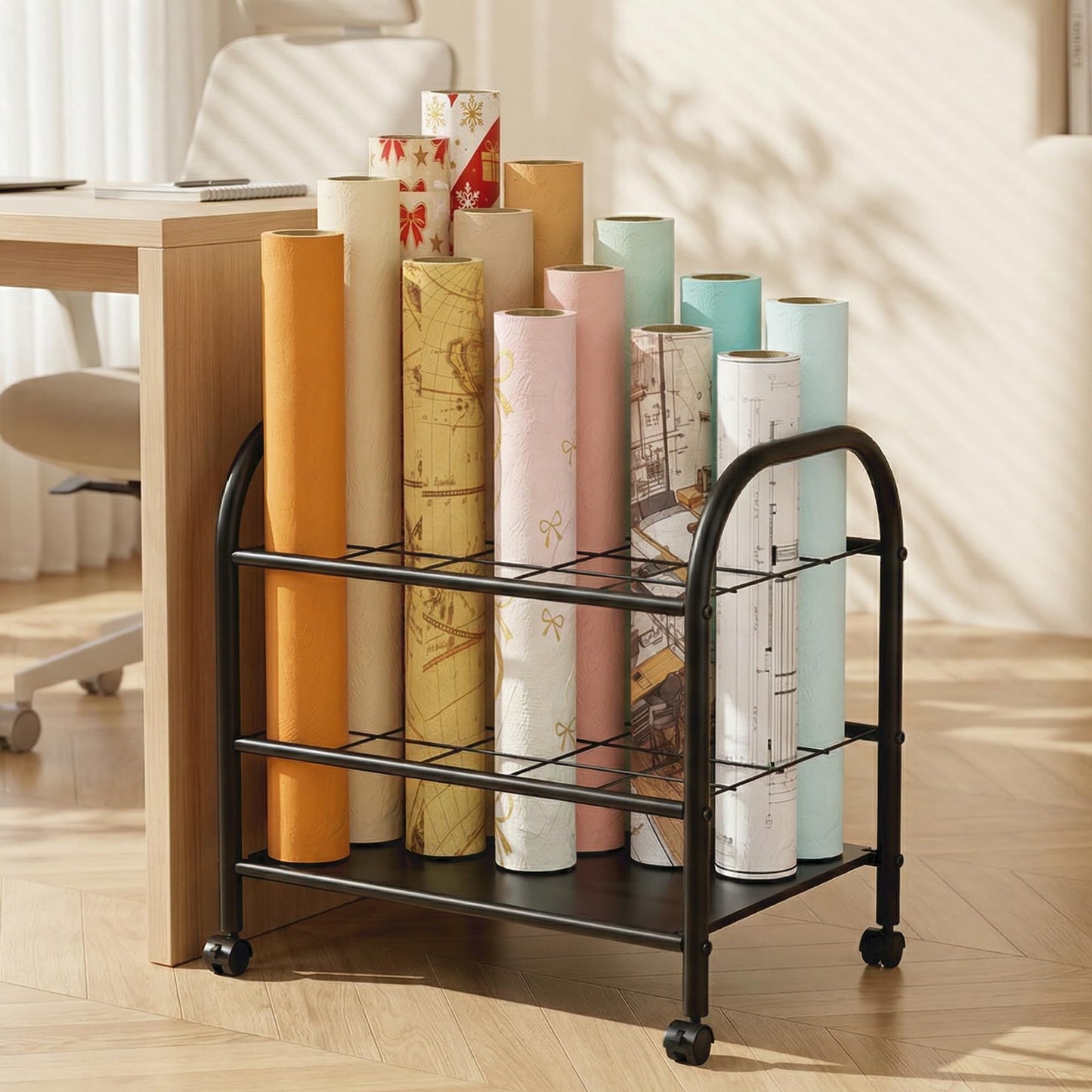 Yutrchey Blueprint Storage Rack with Wheels – 20-Slot Metal Roll File Holder with Silent Casters & Brakes for Blueprints, Wrapping Paper, Posters, Maps – Mobile File Cart for Office & Home (Black)