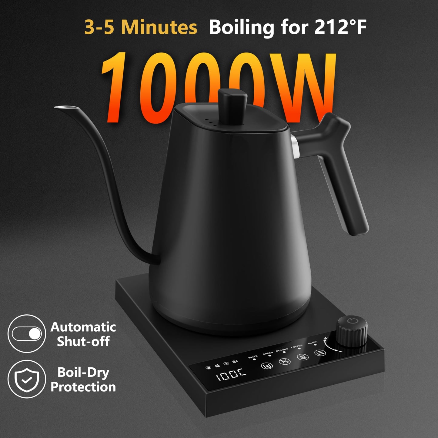 LXTaoler Electric Gooseneck Kettle, 0.6L Pour Over Electric Kettle, 1000 Watt Temperature Control &Quick Heating, Stainless Steel Inner, Tea Kettle (Black)