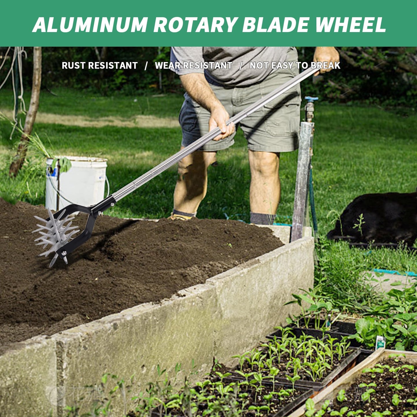 BARAYSTUS Rotary Cultivator Tool, Adjustable Garden Hand Tiller, Aerate, Weed, Plant, Garden Cultivator for Soil Mixing or Reseeding Grass