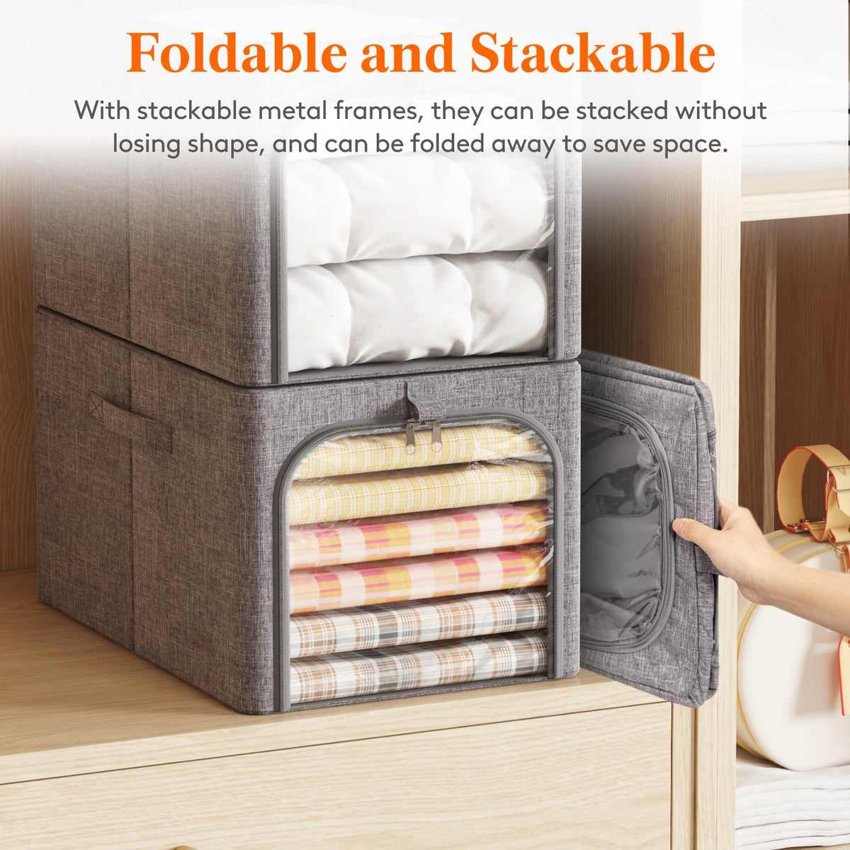 Lifewit 4 Pack Clothes Storage Bins with Metal Frame, Foldable Clothing Storage Bins, 40L Stackable Storage Box Storage Bags Fabric Bins Organizer with Lids, Clear Window＆ Zippers＆ Sturdy Handles