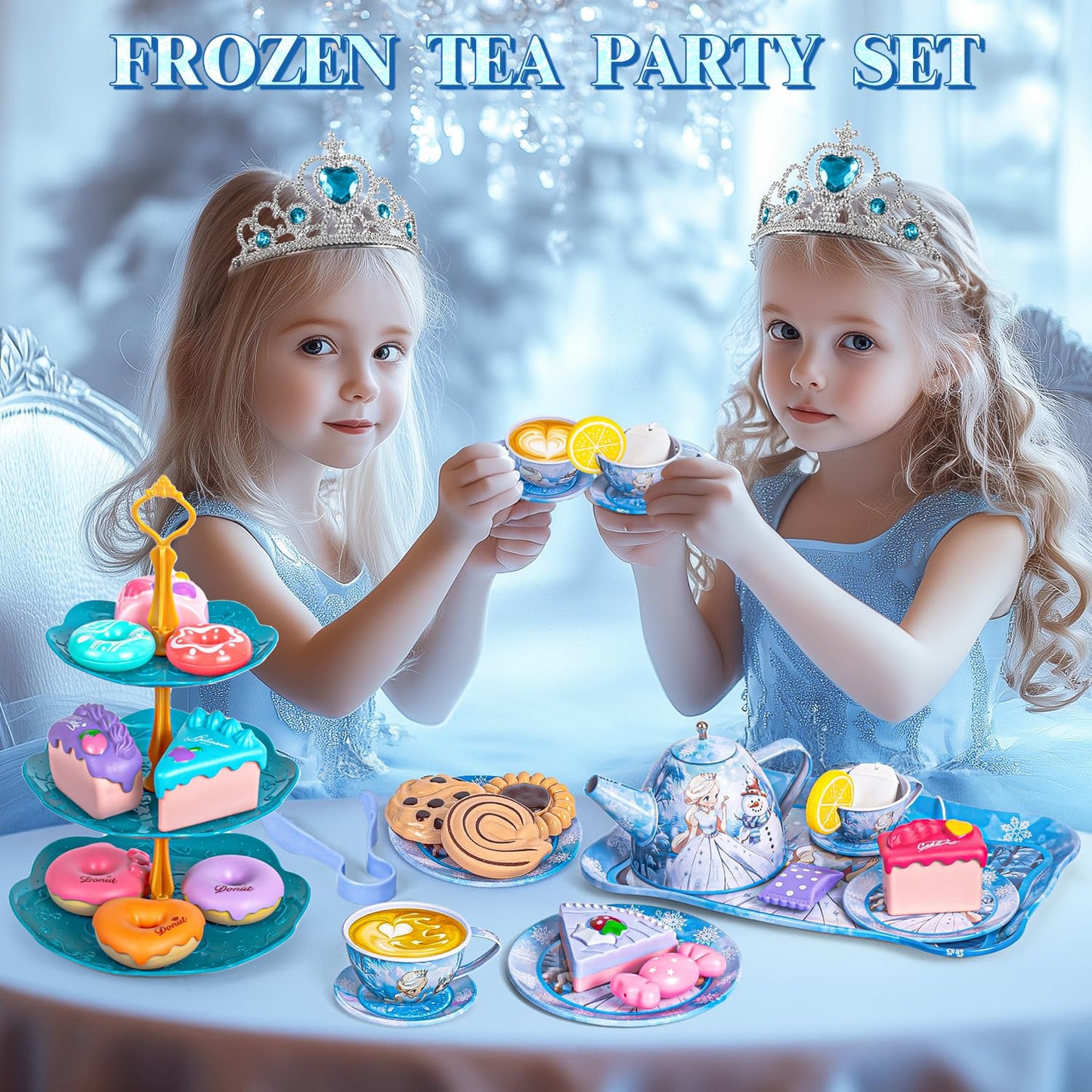 Frozen Tea Party Set for Little Girls, Elsa Princess Toy Gift, Kids Pretend Play Tin Tea Set with Teapot, Tea Cups, Food Playset & Carrying Case, Birthday for Girls Age 3+