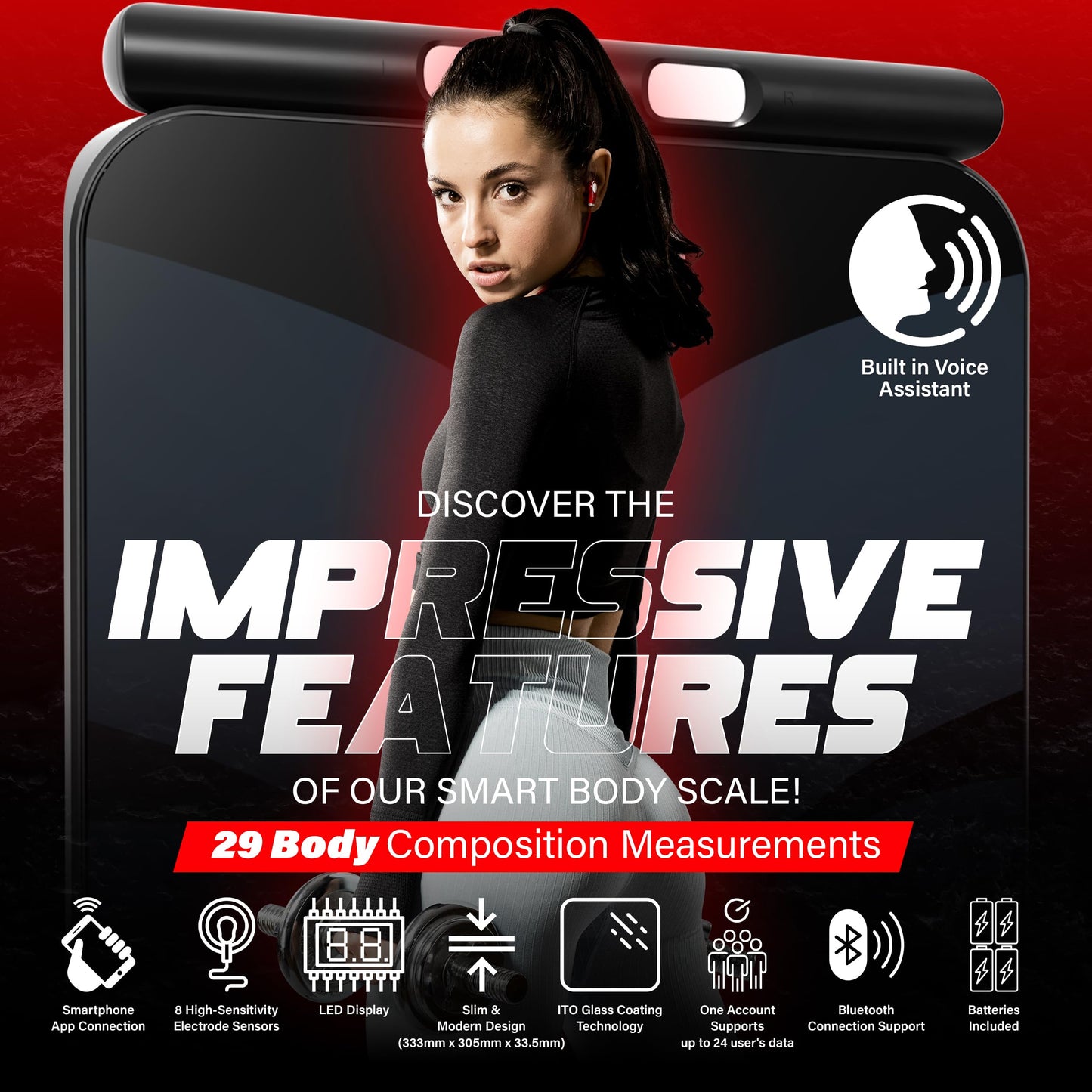 Bisonbody Smart Body Weight Scale – 29 Health Metrics Body Composition Digital Scale Analyzer– Durable Tempered Glass – 8 High Sensitivity Electrodes Sensors – Smartphone App Connection