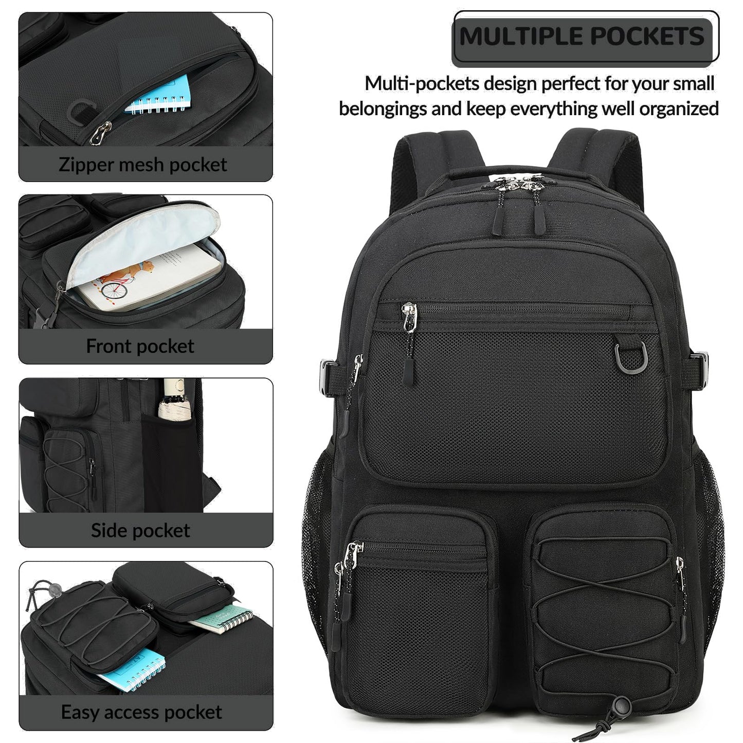 Lohol Water Resistant Daypack with Mulitiple Pockets for Travel Outdoor College, 15.6 inch Laptop Backpack for Men and Women, Black, Large, Daypack Backpacks