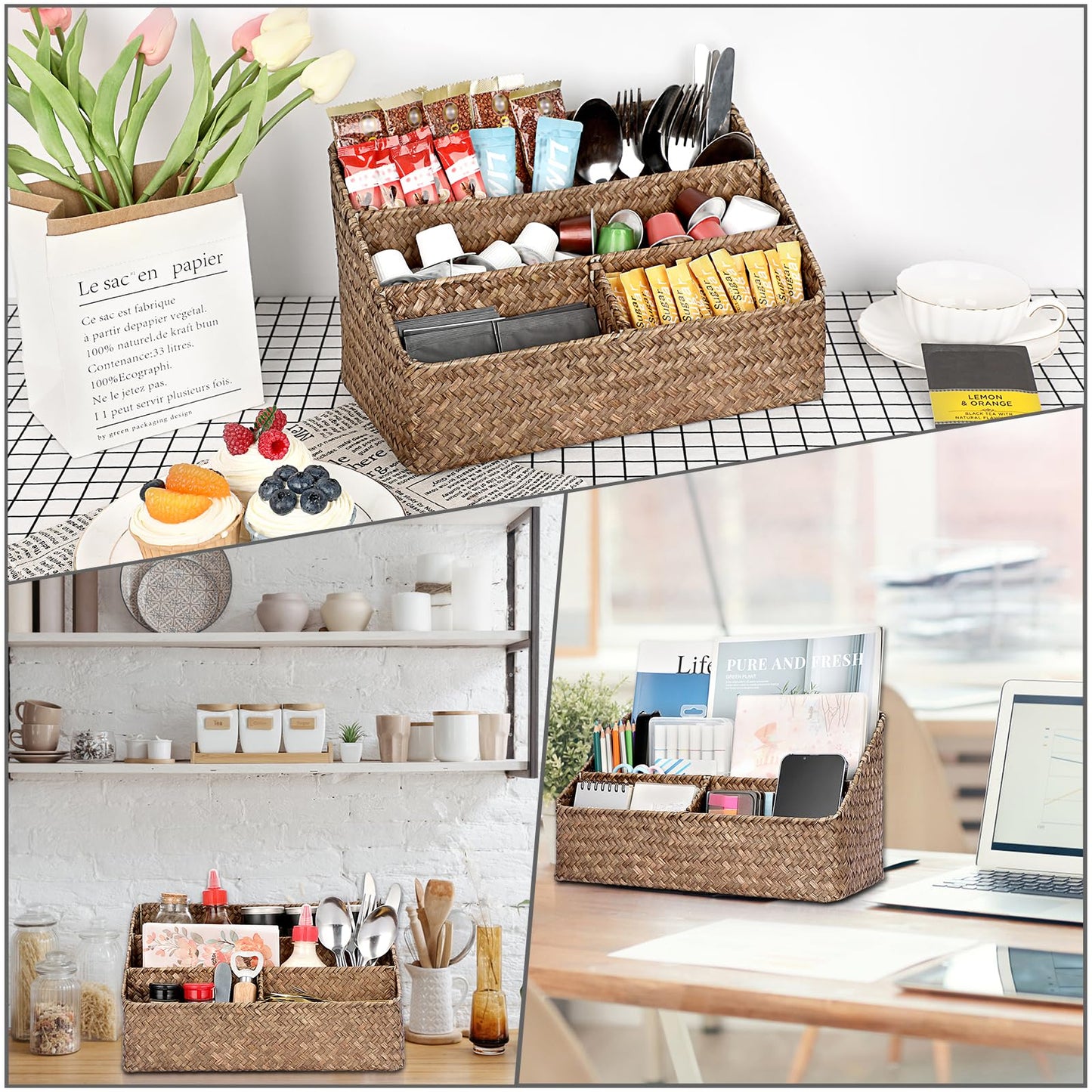BTSKY Natural Seagrass Desk Organizer, Handmade Woven Wicker Mail Sorters with 4 compartments, Office Supply Caddy Accessories Holder Organizer for School, Home