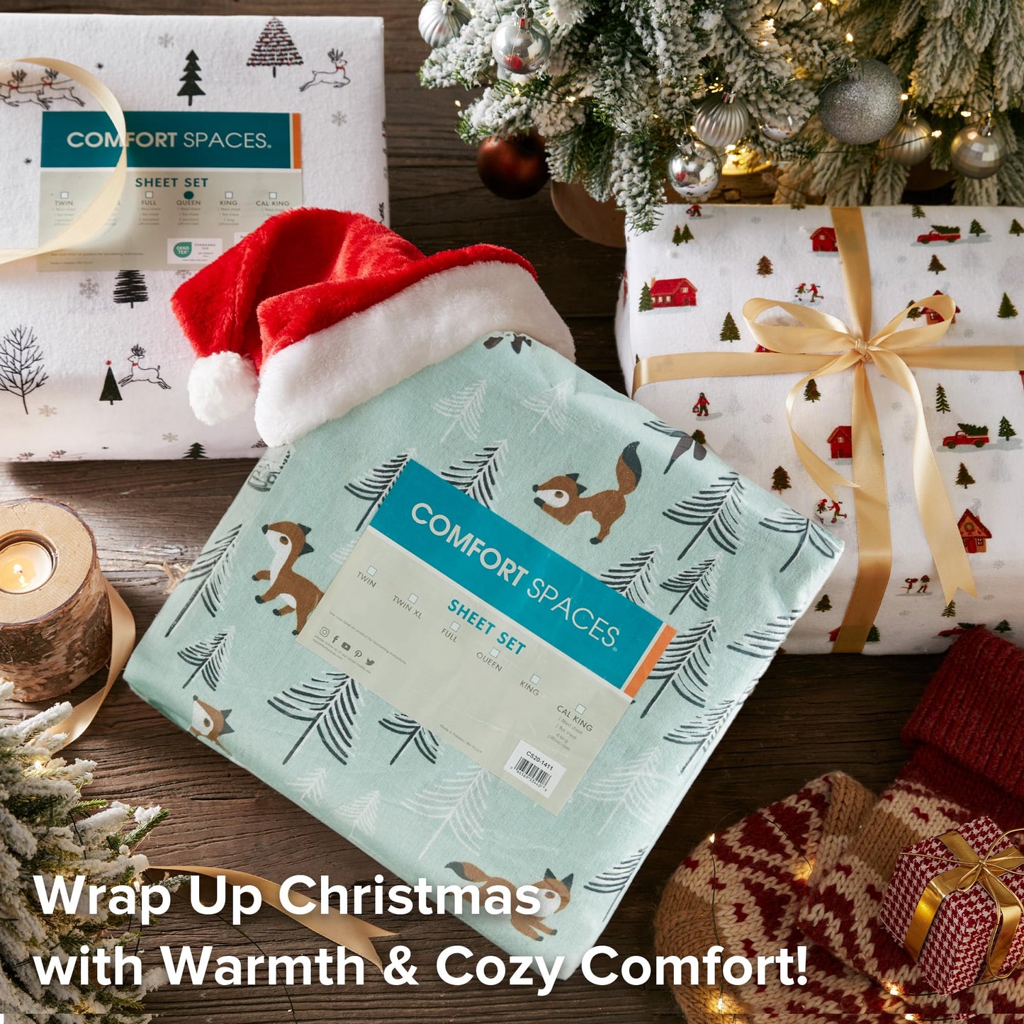 Comfort Spaces Cotton Flannel Breathable Warm Deep Pocket Sheets with Pillow Case Bedding, Twin, Seafoam Foxes 3 Piece