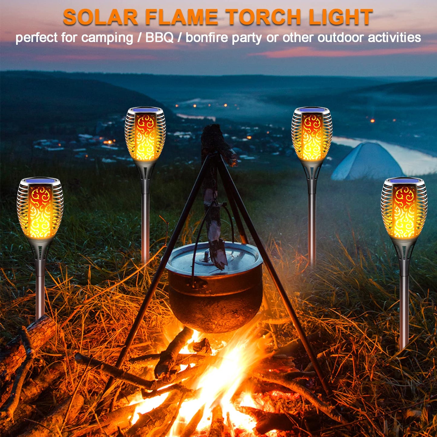 LazyBuddy 8 Pack Large Solar Tiki Torches Outdoor Waterproof - Realistic Flickering Flame 3-in-1 Hanging Lantern with Detachable Hook - All-Weather Canadian Garden, Pathway & Halloween Lights