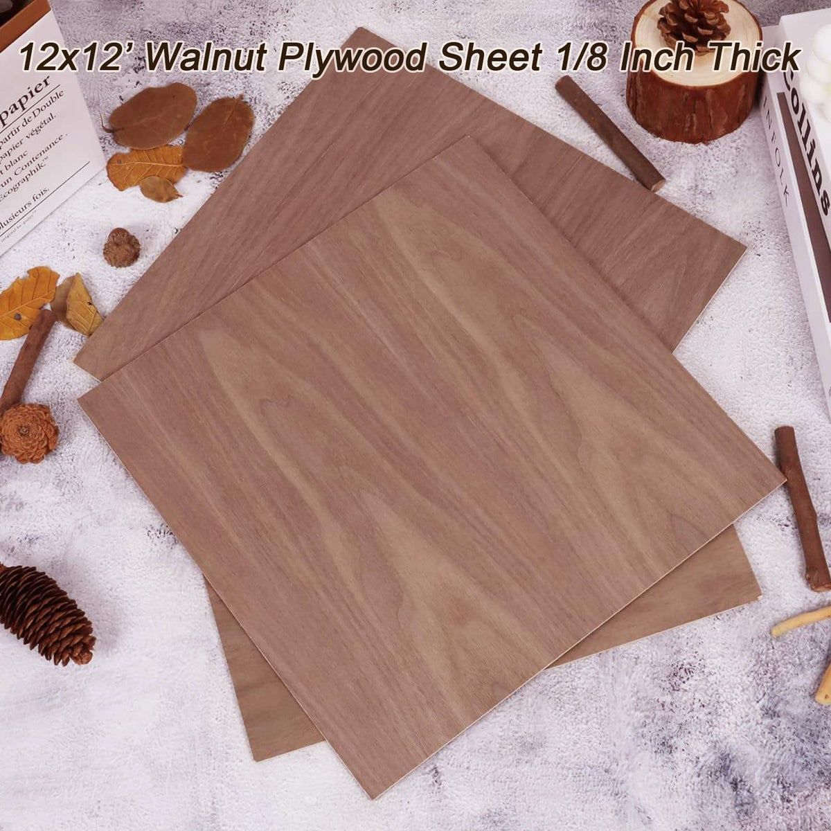 6 Pack 11.8 × 11.8 Inch Walnut Plywood Sheets, 1/8 Inch - 3mm Square Unfinished Wood Craft for Laser Cutting & Engraving, School DIY Projects, Painting, Fretwork, CNC Cutting, and Wood Burning